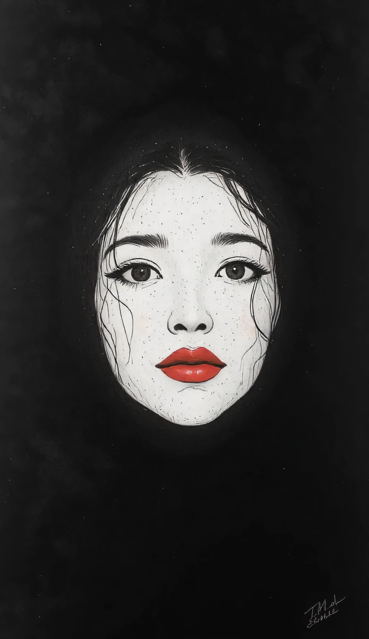 master piece:1.5、(minimal art, line drawing), woman、Black and white art:1.2、lips are red、Black and white world、silence、An ennui look、Densely drawn