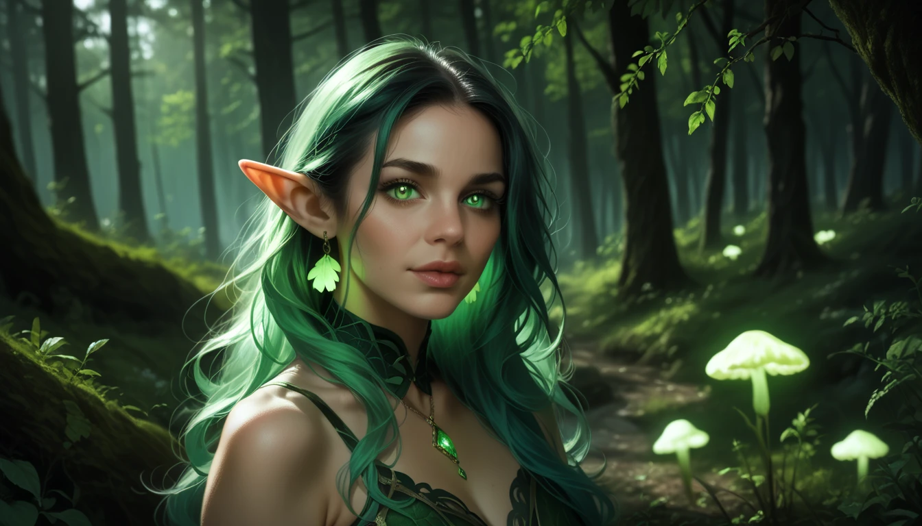 Jungle like environment. A young Plant woman with a deep green skin tone. She short has leaf green curly hair & is wearing a form-fitting bodysuit with a deep neckline, exposing much of her chest area & slightly revealing mythic flowing Black-Purple-Green cloak with Golden Floral designs. She has Serious yet gentle gaze in her heterochrome eyes, with One eye being a deep green and the other being a light gold. She has long crystal blue antlers radiating Floral energy & a set of quaint elven ears. She has a small cute nose She is seen in a battle stance radiating a floral energy