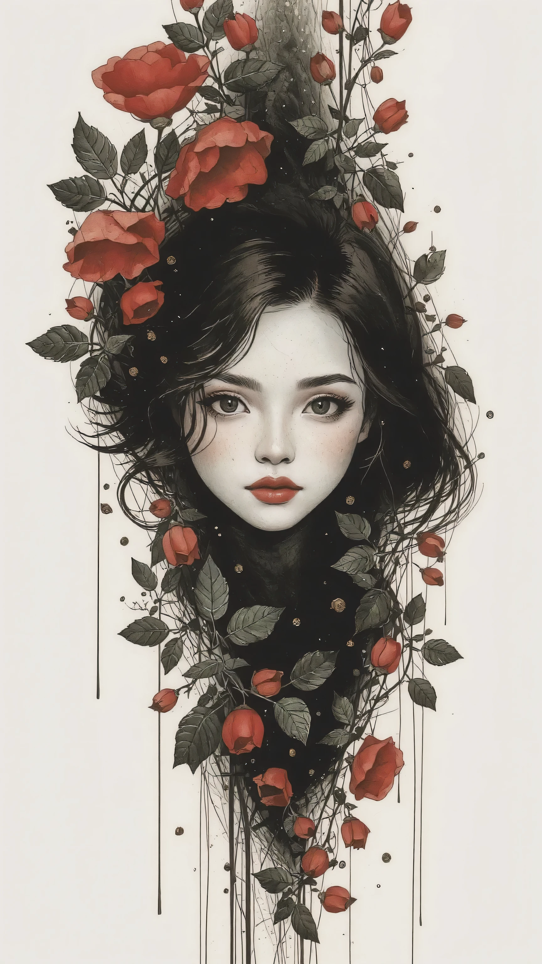 master piece:1.5、(minimal art, line drawing), woman、Black and white art:1.2、lips are red、Black and white world、silence、An ennui look、Densely drawn