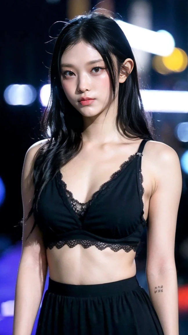 upper body, (realisitic:1.4), 8K UHD, Top Quality, The ultra-Highres, Unique Backgrounds, clouds, Dark and very dark., Building lights are lighting up the night., wind:1.3, (Wearing a crop top and a short skirt), (images:1.1), kpop-idol, (Beautiful girl in Korea), (Mixed Korean), (Pretty lips:1.1), (eyeslashes:1.1), (happiness:1.21), (deeply:1.1), (Neat makeup), (Clear facial skin: 1.2), (Glowing skin), (Big breasts),