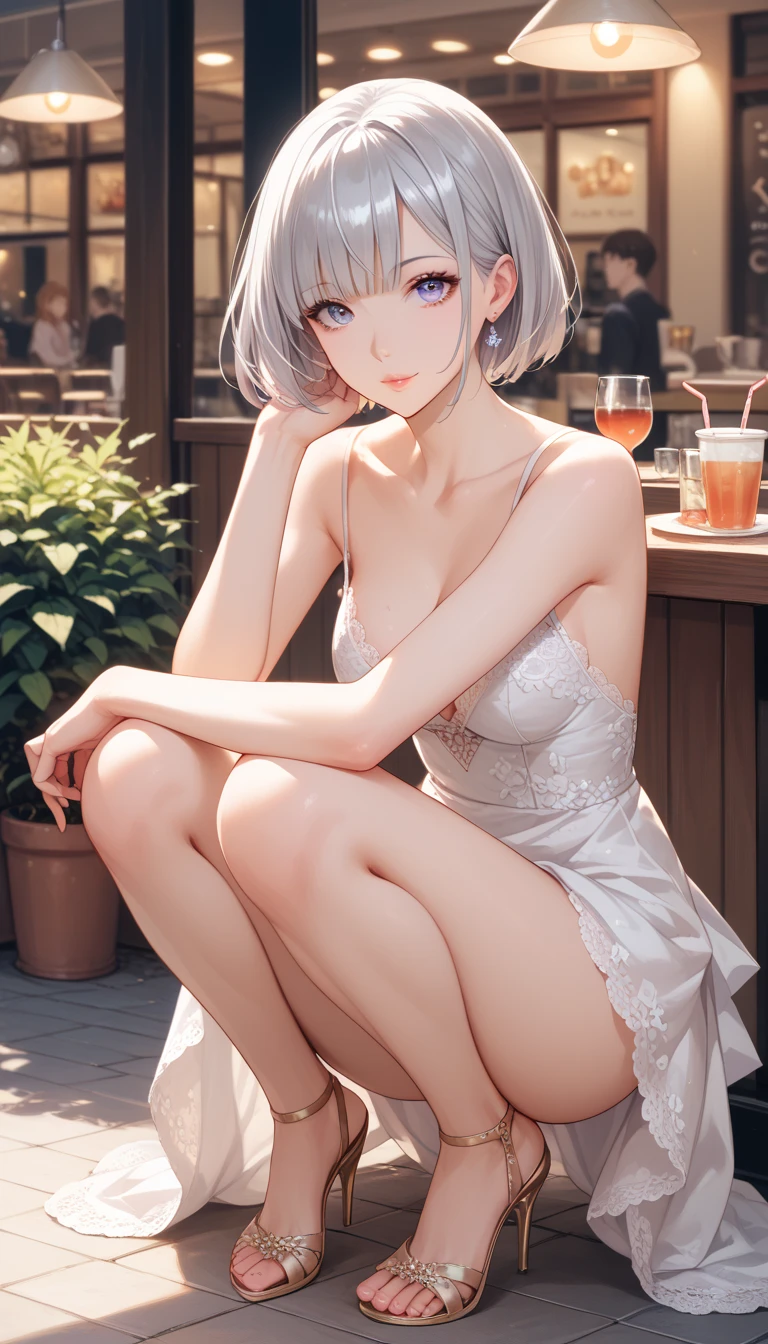 わきDownを見せない, Down,  no background,   becomes transparent when you stare at it {x},  PE, front view,  Perfect Beautiful Face , Beautiful breasts, Thin legs, slim, silver short bob hair, nightgow dress, lace thong , ((knees together)), squatting, stylish outdoor cafe, thong ,