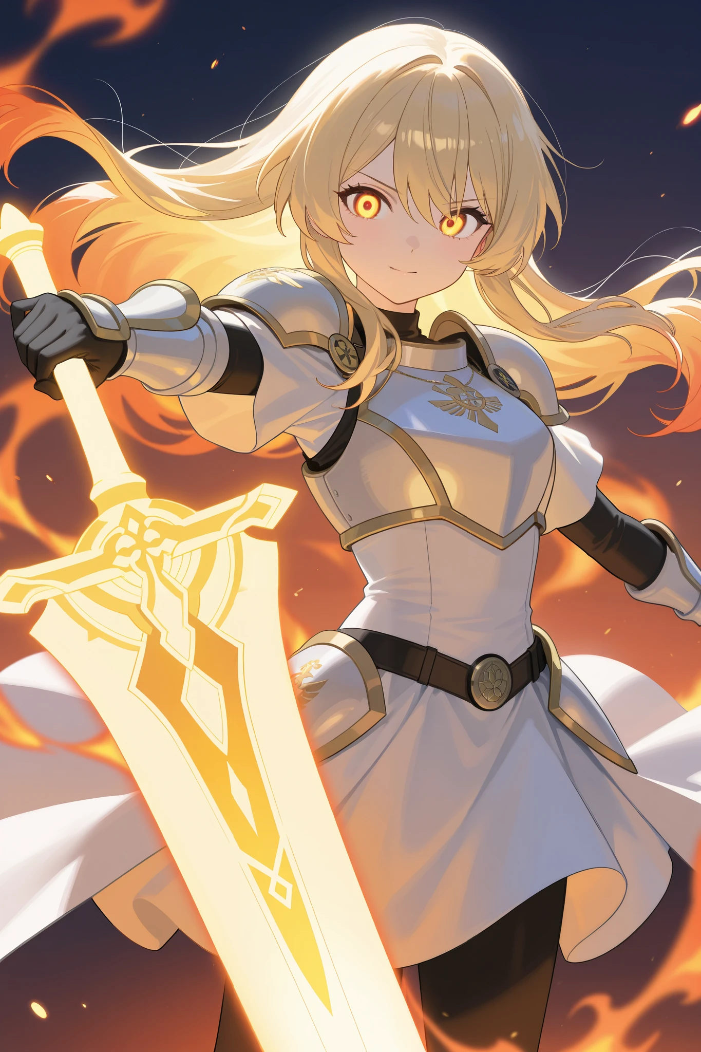 A humble yet strong young female human character, 18 years old, with a delicate and flexible build that radiates both resilience and grace. Her pale golden hair shines with hints of silver and gold depending on the light, and her amber eyes hold an inner glow, symbolizing unwavering faith. She is dressed as a pilgrim in a simple yet elegant outfit of blue and white, accented by a pendant bearing the sacred emblem of the Four Gods religion. Over her modest attire, she wears lightweight armor subtly engraved with the insignia of the Order. In her hands, she wields a large, fiery greatsword, standing confidently in a serene pose. The background depicts a dramatic yet tranquil setting with glowing embers floating around, enhancing the aura of her devotion and inner strength.