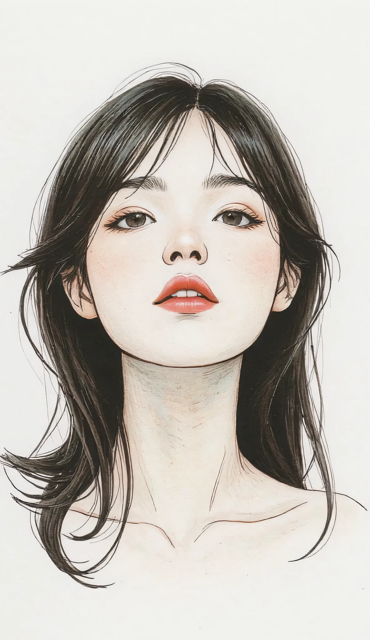 master piece:1.5、(minimal art, line drawing), woman、Black and white art:1.2、lips are red、Black and white world、silence、An ennui look、Densely drawn