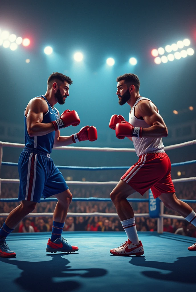 best quality, boxing match, two muscular and strong-looking boxers, sweat flying, ring, enthusiastic crowd, light