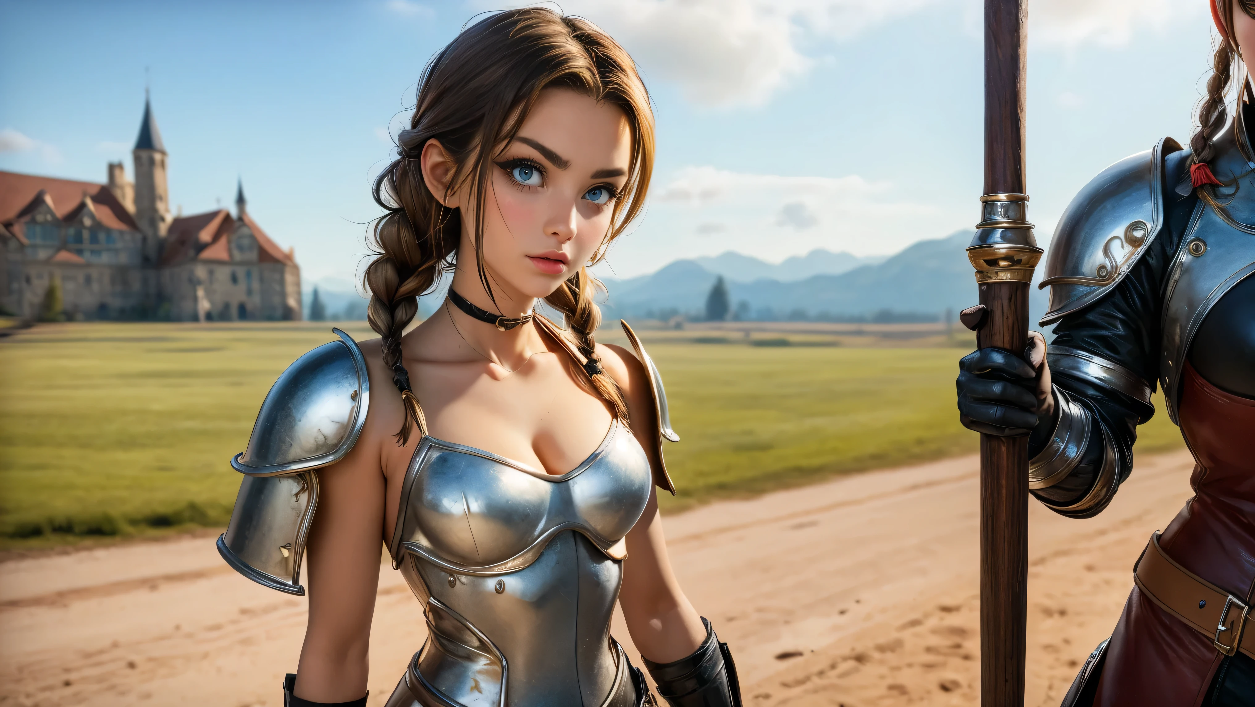 Masterpiece, Hi-detailed, best quality, 8K, (realistic:1.2), ((1 girl)), ((solo)), (( Warrior girl)), ((war paint )), (standing tall), ((cute, young, yr)), (tall and lanky), (Skinny), (thin frame), (fit, body), (muscular but feminine body), (small braids in her hair), (small breasts, round breasts), ((leather armor)), ((extremely revealing)), cleavage, beautiful, perfect face, perfect body, large eyes, blue eyes, standing looking at a beautiful vista, Middle Ages, Fantasy,