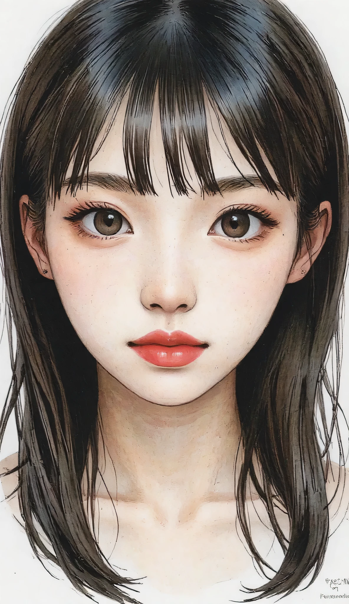 A drawing of a woman with long hair and a red lip - SeaArt AI