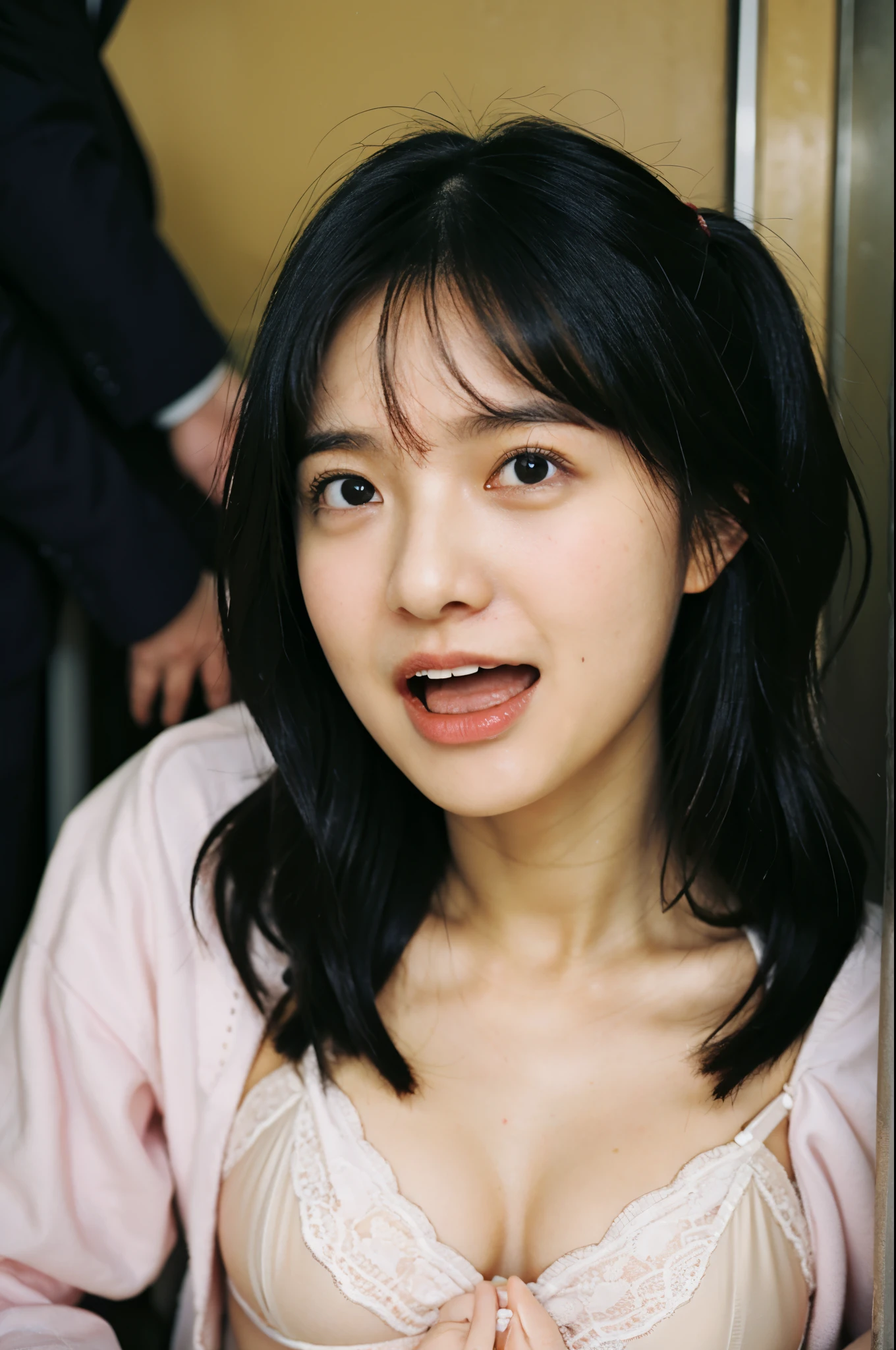 A very beautiful, young-faced female student in sexy lingerie trying to escape from middle-aged men, A beautiful woman, She is captured by horny middle-aged men and gang-molested., With a distorted expression on his face, he screams with his mouth open, revealing his shameful state., A close-up shot of a face trying to endure the embarrassment:1.3, Wavy princess cut, Vivid and realistic, blush, A middle-aged man gets excited when he sees a crying female student, Distorted Eyes, Ultra-high resolution, 2k, Clear white skin, Slender body, Japanese, Anatomically correct