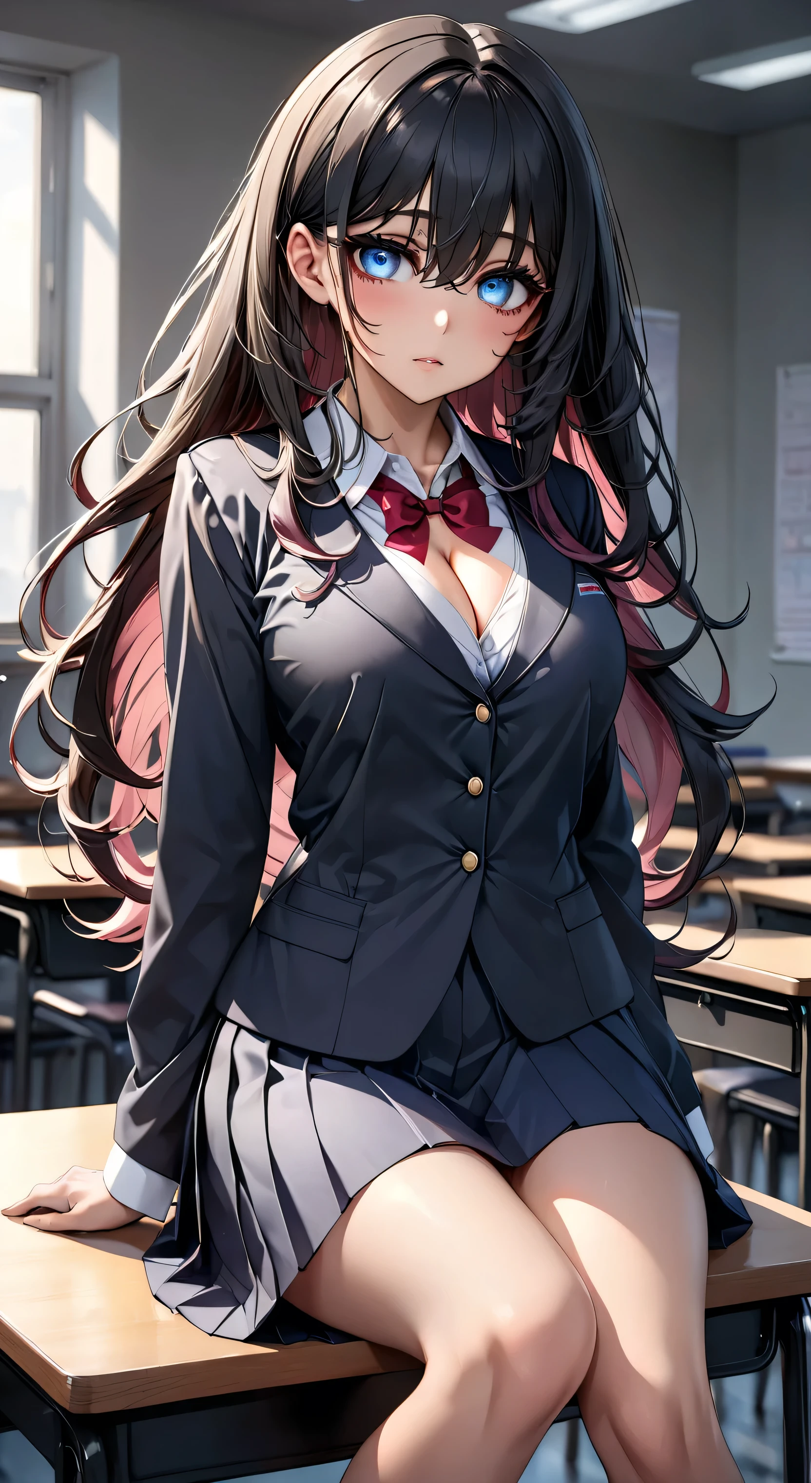 Full body, (perfect anatomy), Mastepiece、Ultra High Quality、 8k、masterpiece、Best Quality、Ultra-high resolution、Maximum resolution、Very detailed、Professional Lighting、anime、woman、thin、so beautiful、(((Highly detailed eyes)))、(((Very beautiful eyes)))、Highly detailed face、Black Hair,、Pink Eyes, , Long Hair, curl inside hair, (Teacher Uniform:1.4), (Cleavage:1.1)