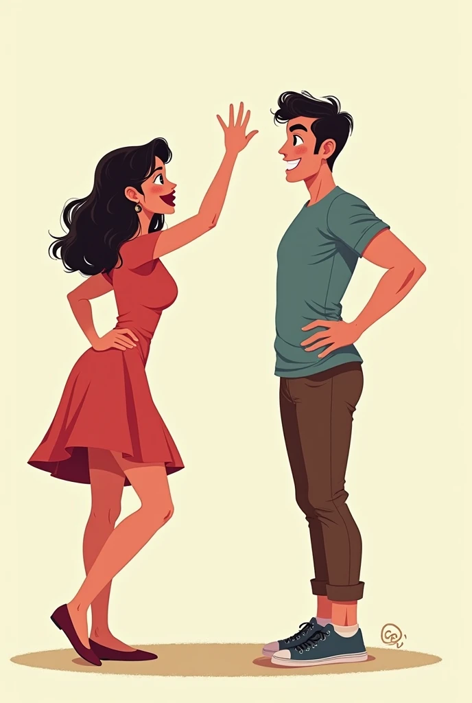 Create image of: A man with black hair, very pale, and rosy cheeks, dressed casually in a yana t-shirt and jeans, he&#39;s making an exaggerated expression of surprise. Together with him, a thin woman, with long hair, black and smooth, She is wearing a simple dress and is chatting with the man with an amused smile.. The scene is cartoonish, with bright colors and exaggerated gestures that emphasize the humorous tone. The background can be simple, like a room talking with a couple of stylized paintings in the background.