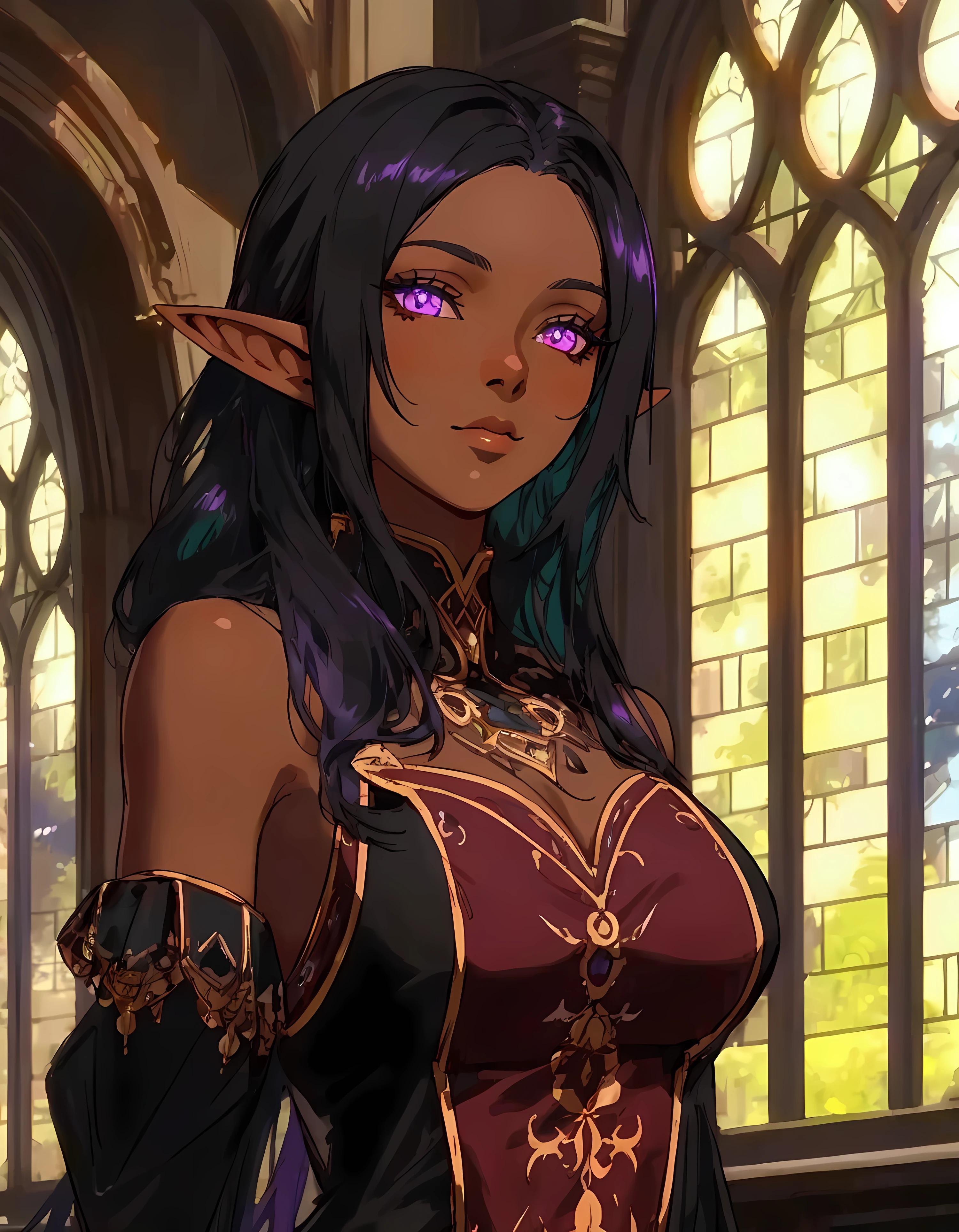 (((Olga Discordia))), (masterpiece, best quality), ((dark-skinned female, dark elf, extremely detailed, intricate details, lush detail, insanely detailed face, beautiful brown eyes, lips, detailed skin, very wide-eyed, skinny)), (( floating hair, shiny skin)), (1girl), wide hips, narrow waist, thick thighs, ((big pupil)) , nervous, ((happy, smile, long hair, younger, blush, tall, black outline, black hair, straight hair, seductive eyes, mature female, older, very long hair)), 1girl, toned, ((((indoors, in front of a big window, light shining through window, upper body focus, facing towards viewer)))), (Dark elf, dark-skinned female, pointy ears, hair over one eye, breast, curvy body, thick thighs, earrings, black hair, very long hair, large breasts, cleavage, thighhighs, dark elf, large breasts, navel, highleg panties, highleg, detached sleeves, boots, revealing clothes, bare shoulders) , horny expression, detailed mouth (((1girl, solo)))