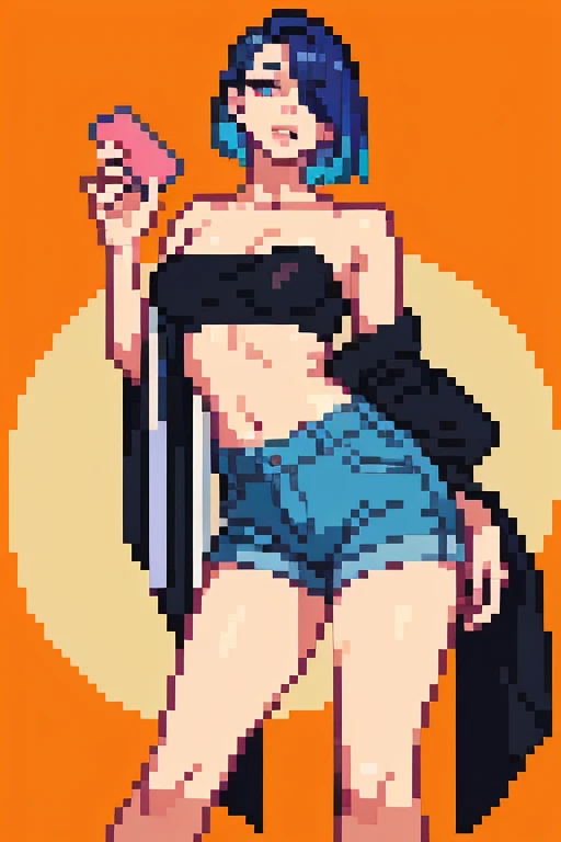 (Masterpiece, Best Quality, High Quality), facing viewer,volumetric lighting, illustration, beautiful, tight , Blushing, looking at viewer, blue leather bra top, blue leather small jacket, blue leather shorts,solo, posing for picture, seductive, perfect lighting, perfect shadows, nishikino maki, purple eyes,red hair,1980s \(style\), pixel art