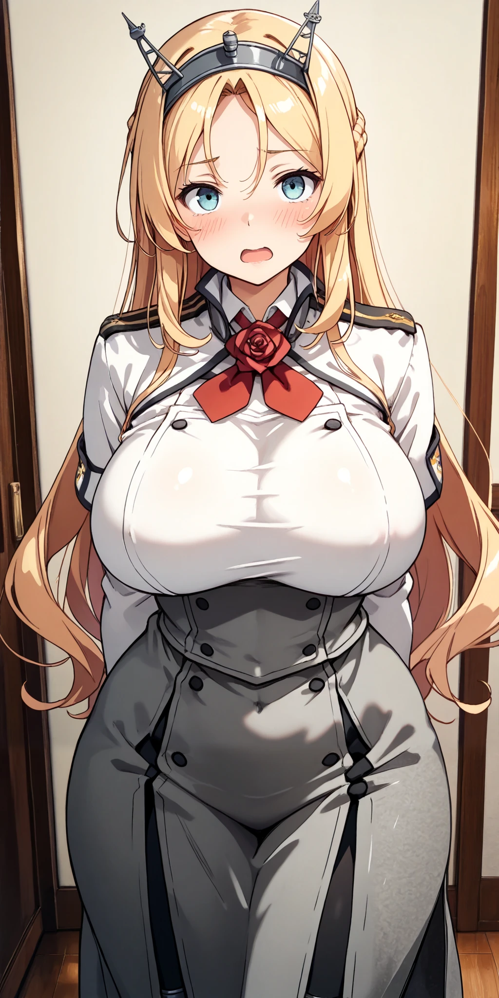  best quality,   Masterpiece ,  high definition , Alone, {graph_Zeppelin_ kantaicolection :1.15},  blonde alone_hair,  twin tails, length_hair, sidelocks, hair_between_eye, chest, green_eye, (((((big_chest))))), hin, peak_ cap,  ties, sweat, military, black skirt,  short skirt , black tights, cross, ,  1 girl,  watching _in_ viewer, military_uniform, uniform, iron_cross, black_Gloves, Gloves,  upper with t_body, ((((鎖inつながれた_Excellent)))), ((鎖in吊るされた腕)), Arms above head, big breast, indoor, bedroom, [cabinet, Hanging,  standing, shy, scowl, teeth, swein,