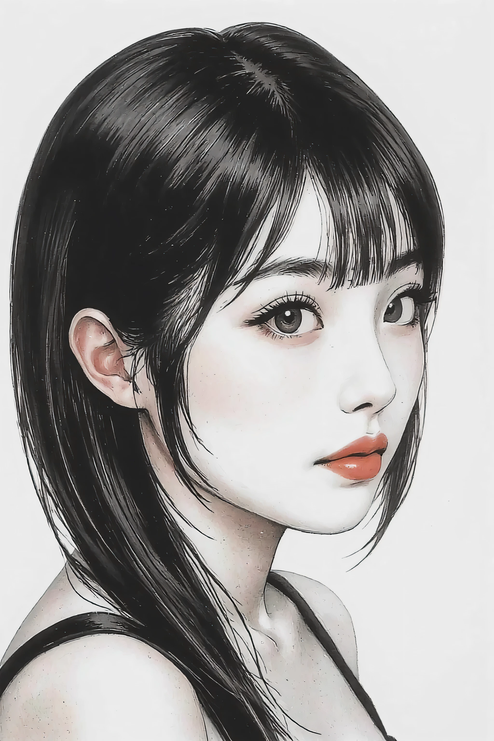 master piece:1.5、(minimal art, line drawing), woman、Black and white art:1.2、lips are red、Black and white world、silence、An ennui look、Densely drawn