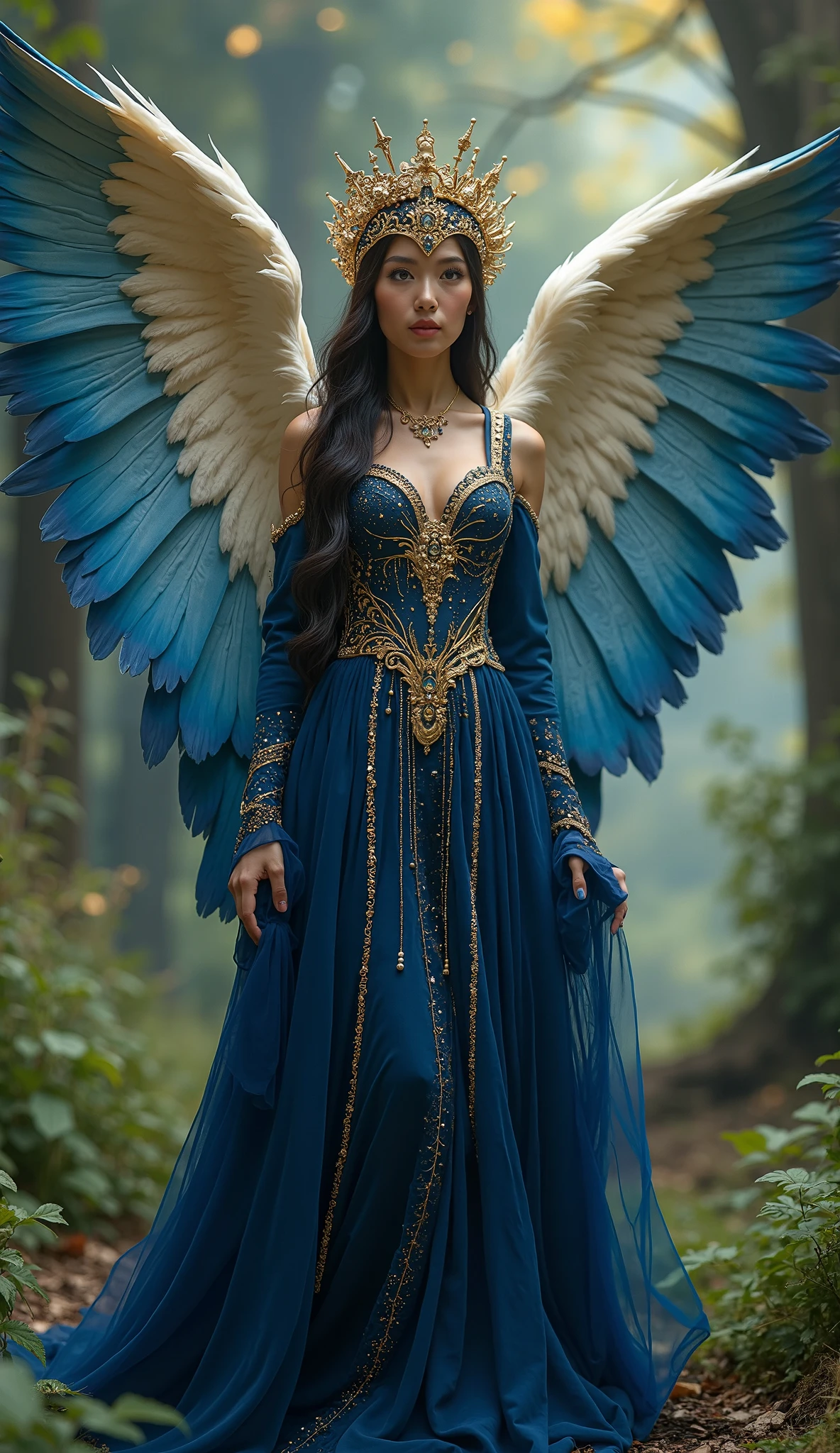 In this awe-inspiring 24k cinematic portrait, we find a captivating and statuesque woman standing proudly amidst an enchanting, mystical atmosphere. Emanating power and elegance, she wears an alluring ensemble that seamlessly blends ancient warrior attire with modern armor. Her midnight blue outfit is exquisitely embellished with deep gold and iridescent silver embroidery, showcasing celestial patterns that shimmer and sparkle in harmony with her every movement. The focal point of her attire is a pair of awe-inspiring falcon wings on her back, intricately detailed with a vibrant kaleidoscope of colors. These wings emit an ethereal glow, transitioning from mesmerizing sapphire to electric violet and finally to luminous gold, creating a visually stunning,