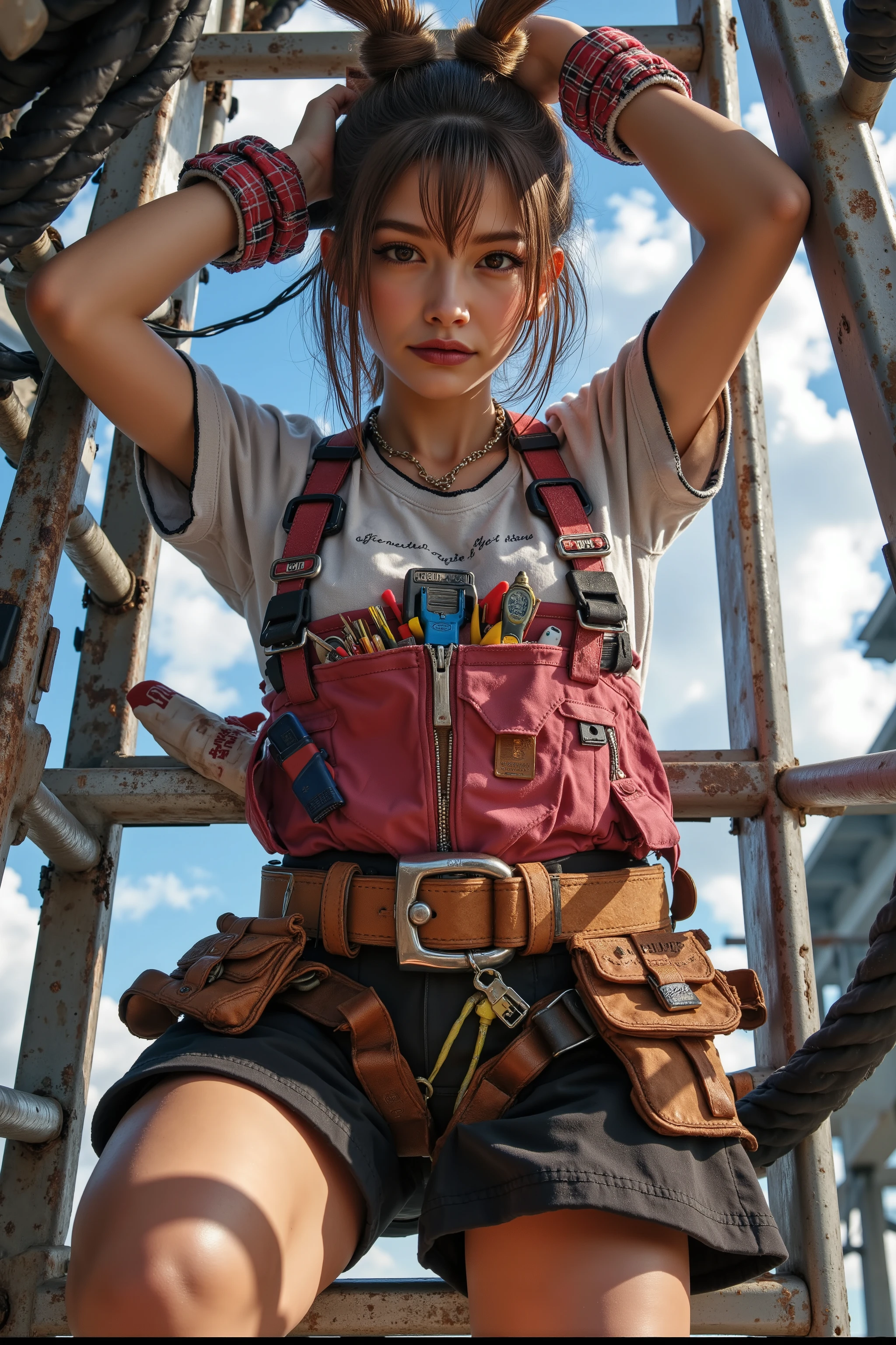 Beautiful woman doing electrical work , stepladder、 tanned leather tool belt with electrician tools、Full Harness、anime