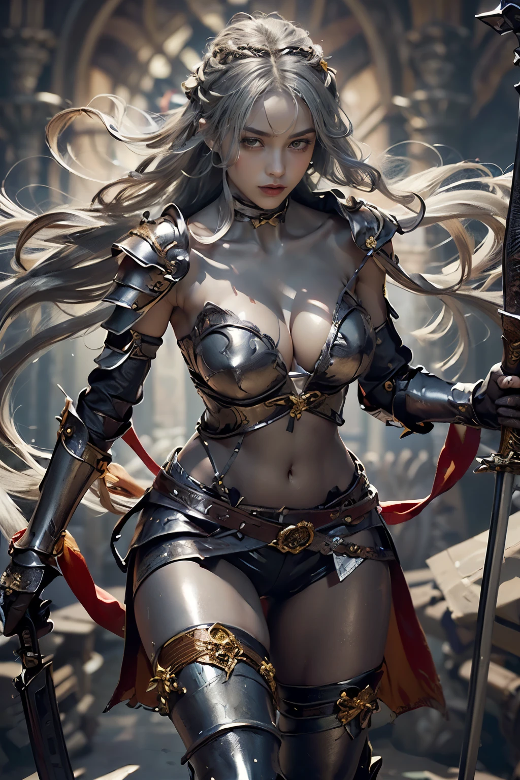 Completely different actions from the original picture,Exactly the same character,One in armor、Wearing a helmet with a long horned crown、Drawing of elf woman holding sword,(black bra cloth), long elf ears,biomechanical oppai, Thick armor,Half eye patch, ornate bikini armor, wearing shining breastplate, Wearing armor!!,White long hair ponytail, a very beautiful violent woman, Covered in scaled armor, Armor Maiden, is dressed in armor