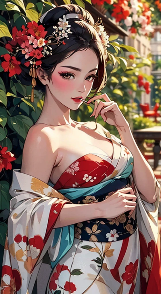 {{{{masterpiece}}}}, {{{Super detailed}}}, {{{High resolution}}}, {{Excellent anatomy}}, (((highest quality))), ((Very delicate and beautiful)), {{Very detailed and delicate}}, {8k CG wallpaper}, {{figure}},  Hairpin:1.4,   (One woman),Oiran,,A seductive gaze、Smoking a cigarette