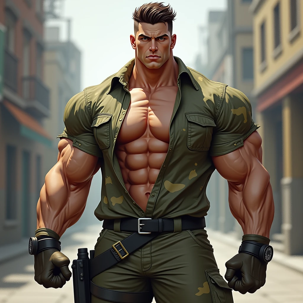 Close up, there's an old man standing, torn combat outfit, torn military shirt, Sexybody, Muscular, veins, anthropomorphic, extra detailed body, detailed body, Best quality, masterpiece, ultra high res,detailed background,realistic, real shadow and light, depth of field, (look at viewer), open mouth, yellow eyes, beard, public hair, body hair, sweaty, huge crotch, with bulge, strip down, at abandoned town.