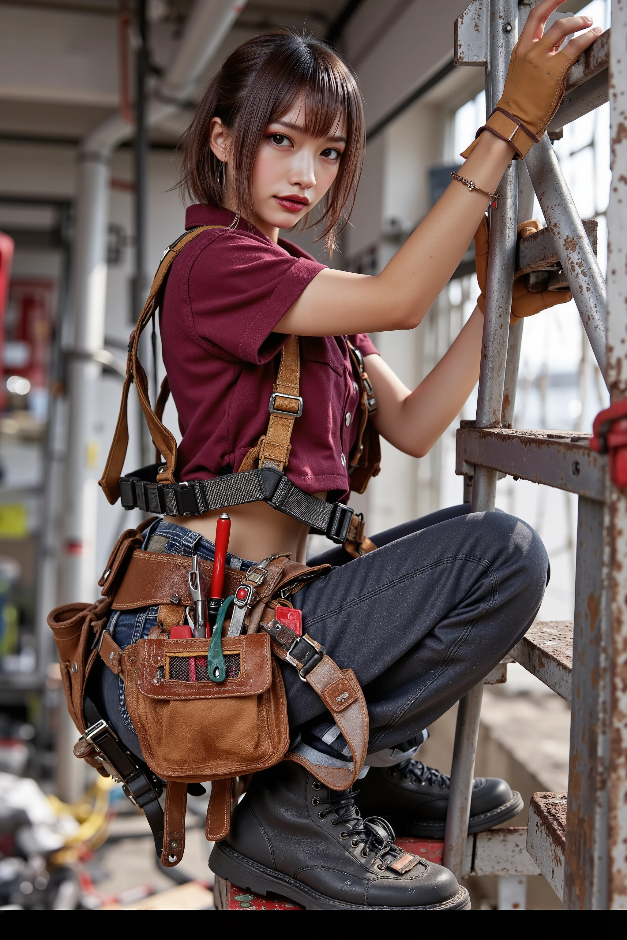 Beautiful woman doing electrical work , stepladder、 tanned leather tool belt with electrician tools、Full Harness、anime