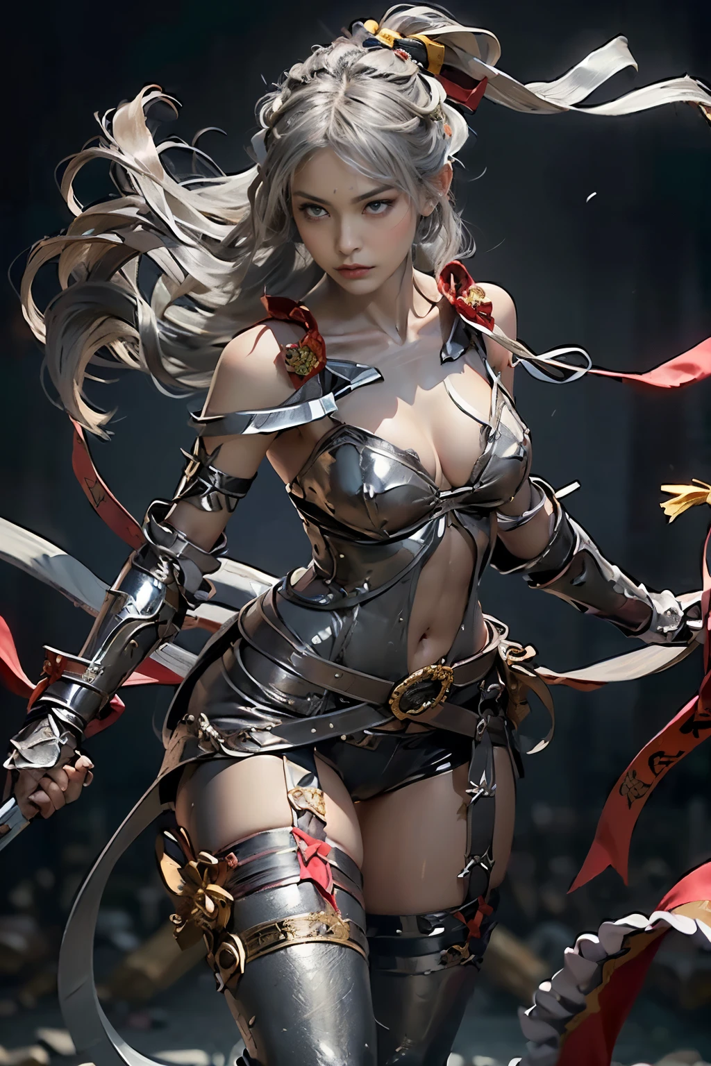 war witch,Japanese Beautiful Girl,Warrior,Beautiful silver hair,luxury,wonderful,elegant,complicated,High detail,Digital Painting,Art Station,Concept Art,Sharp Focus,Illustration,Art by Ross Tran,sexy ultra micro bikini,Perfectly beautiful big bust,beautiful abs,Perfectly beautiful designed and detailed face,Perfectly beautiful hair,god々Cool atmosphere,Perfectly beautiful and balanced body,silky and beautiful skin,Perfectly beautiful and balanced face,have a beautiful designed and detailed spear in hand, Perfectly beautiful designed and detailed Mysterious tattoos,Perfectly beautiful designed and detailed armor,Feminine figure.Beautifully and delicately designed hair accessories,Fighting on the battlefield,Holding a gun,Full body photo