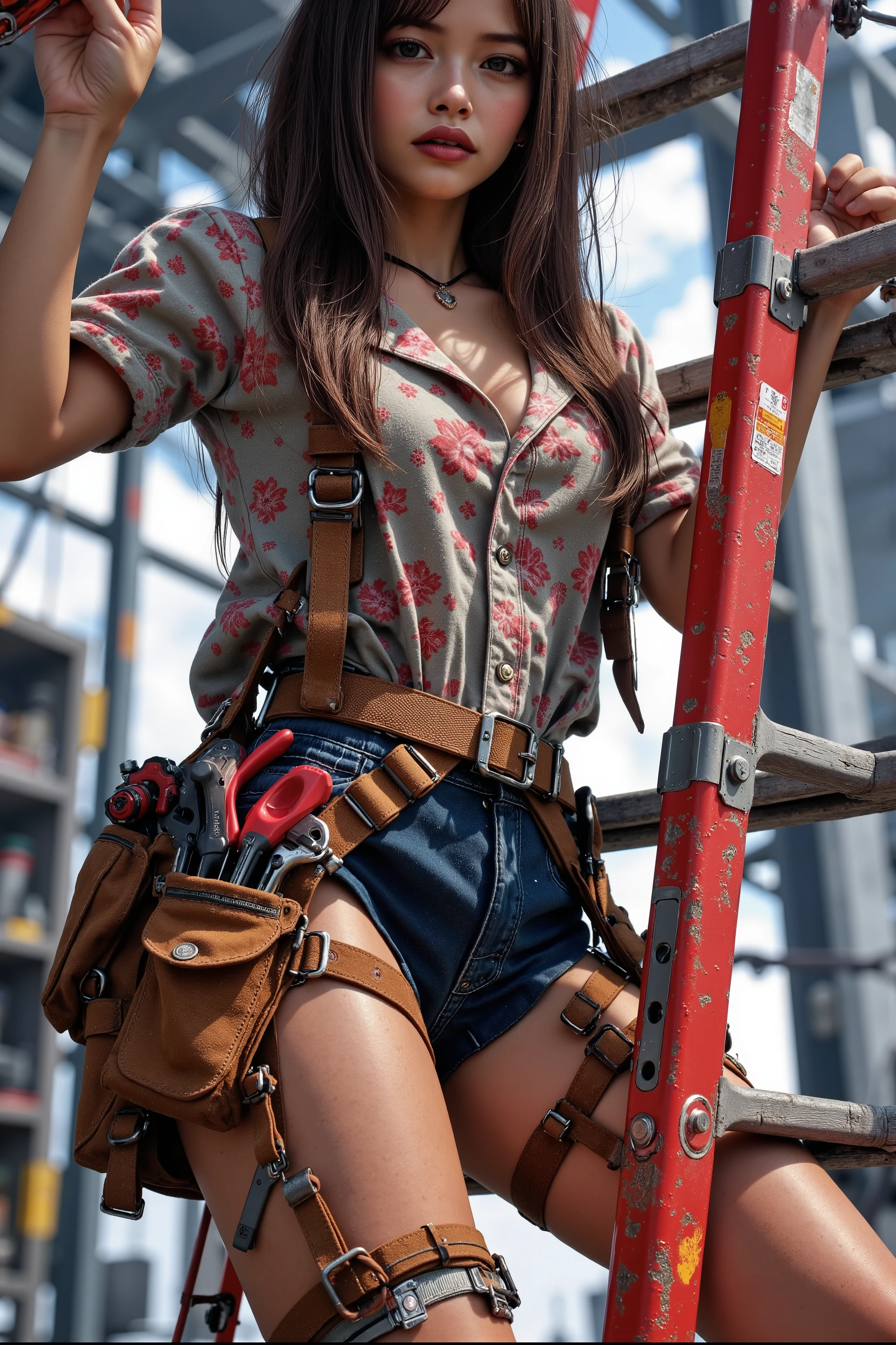 Beautiful woman doing electrical work , stepladder、 tanned leather tool belt with electrician tools、Full Harness、anime
