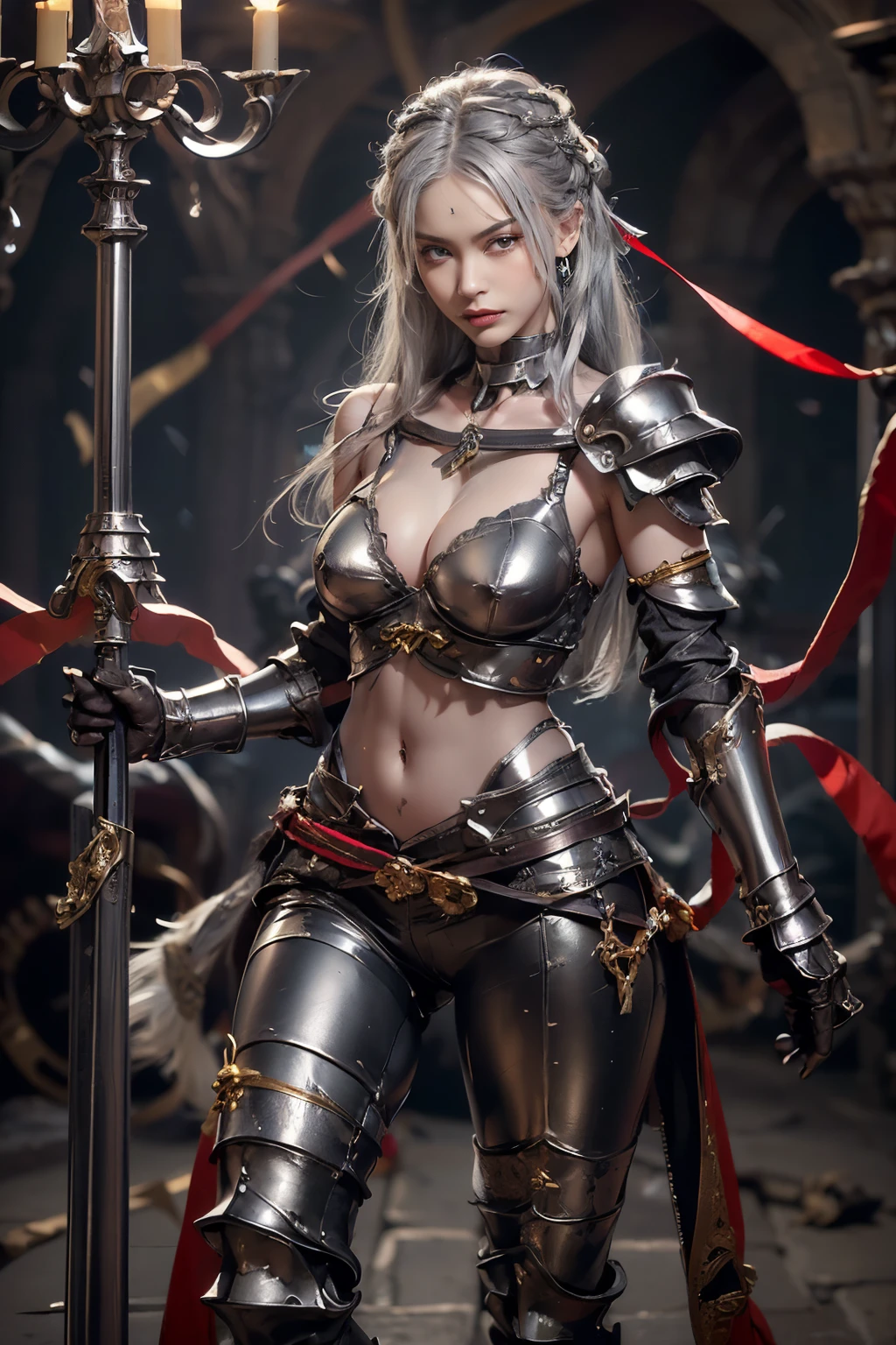 photorealistic, high resolution, soft lights, 1women, solo, hips up, blue eyes, full armor, red armor