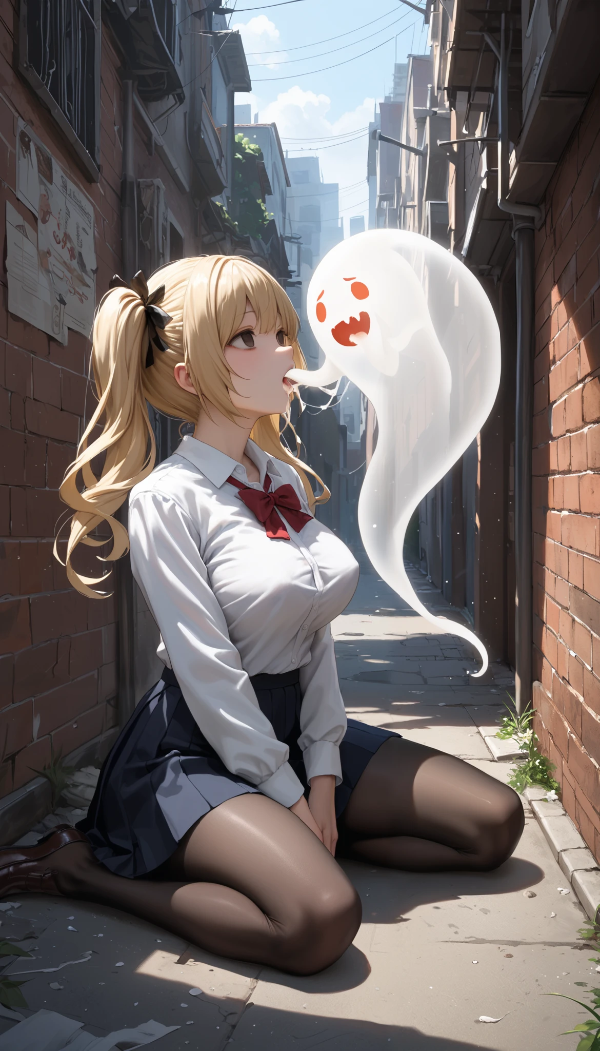 (sfw:1.5), masterpiece, Best Quality, High resolution, detail hands, detail fingers, detail face, detail leg, perfect lighting, Glossy skin, (1girl, solo, detail girl, 20years old girl), cute girl, (pigtail hair, blonde Hair, brown eyes, large breast), (school uniform, white shirts, suit skirt, long black tights, Long Sleeve), (morden, city, backstreet, alley), (dim, gloomy, room), (Ghost,attacked by Ghost,Ghost Invasion,Ghost goes into mouth,mouth fucked by Ghost,mouth fucked Ghost,Ghost cum in mouth,force feeding Ghost,extending from Ghost,Ghost fattening,many Ghost), (puffy nipples:0.7), (sweat:0.6), (emotinless, empty eyes:1.5), (looking above, sitting),