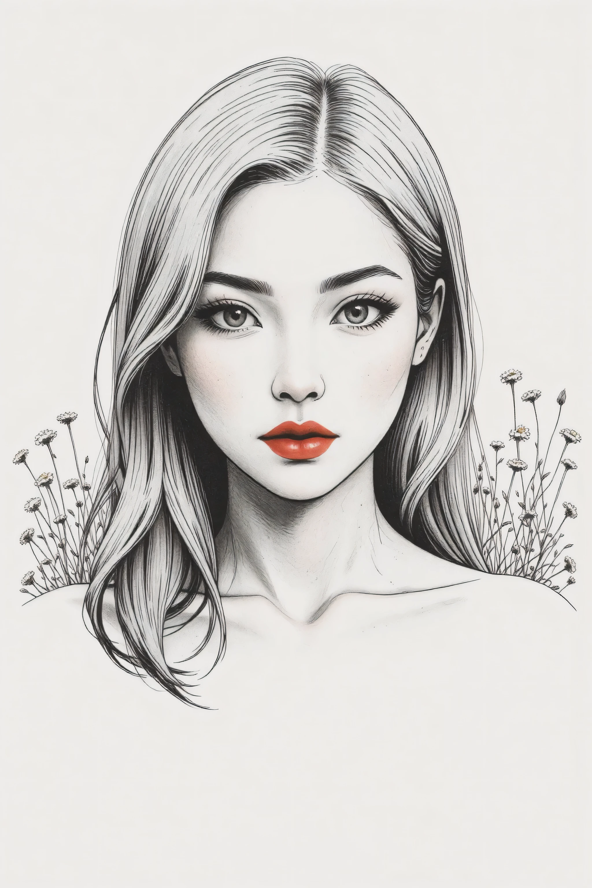 master piece:1.5、(minimal art, line drawing), woman、Black and white art:1.2、lips are red、Black and white world、silence、An ennui look、Densely drawn