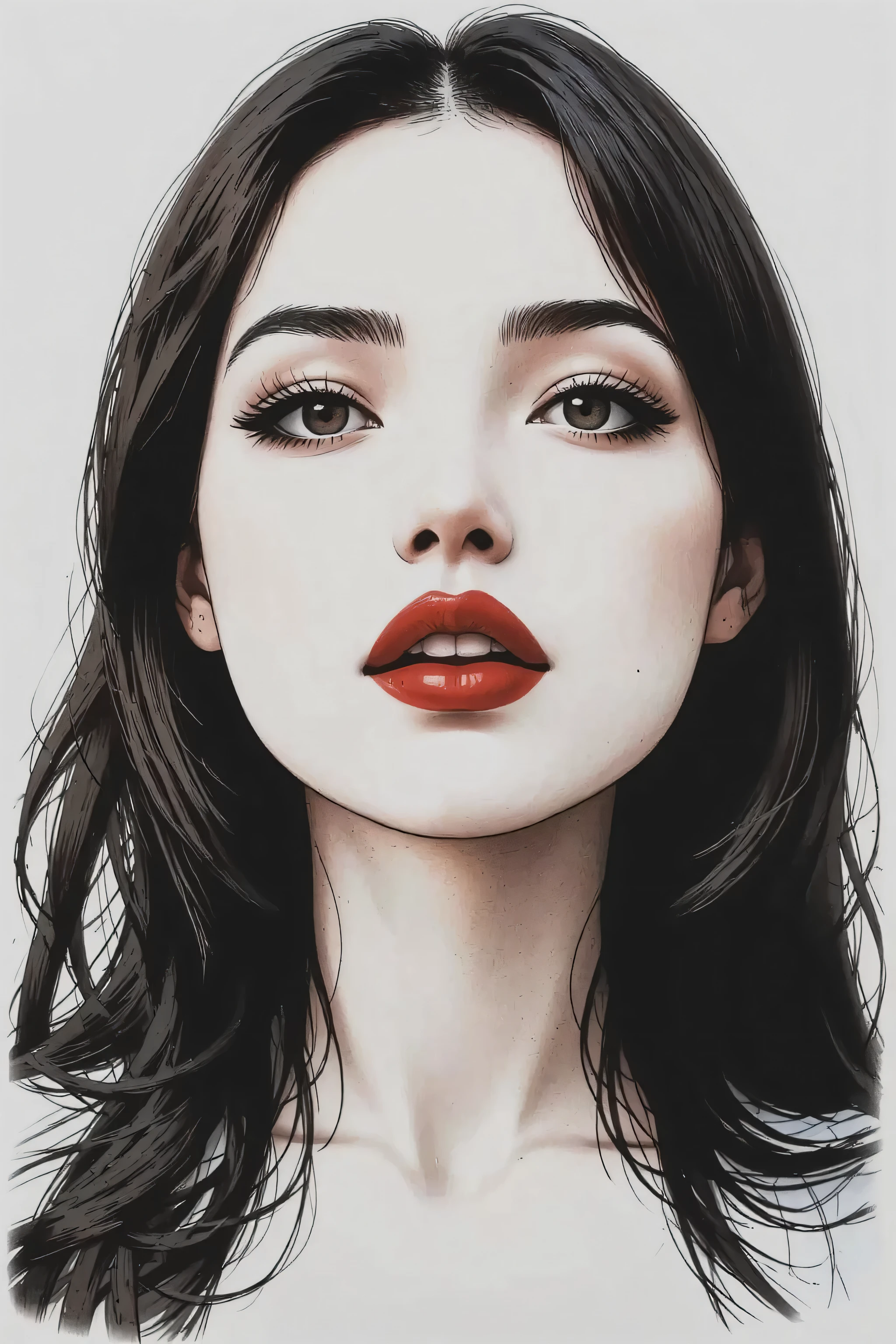 master piece:1.5、(minimal art, line drawing), woman、Black and white art:1.2、lips are red、Black and white world、silence、An ennui look、Densely drawn