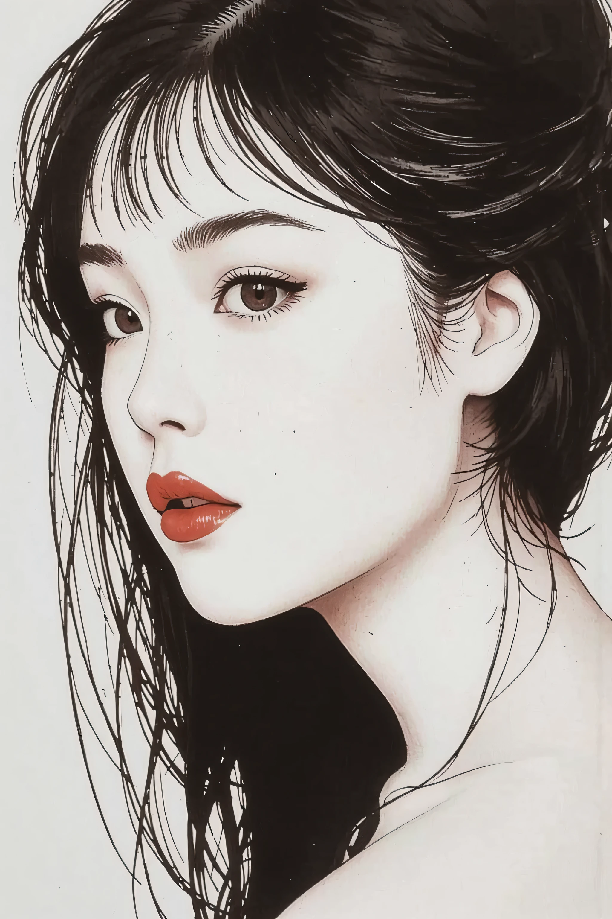 master piece:1.5、(minimal art, line drawing), woman、Black and white art:1.2、lips are red、Black and white world、silence、An ennui look、Densely drawn