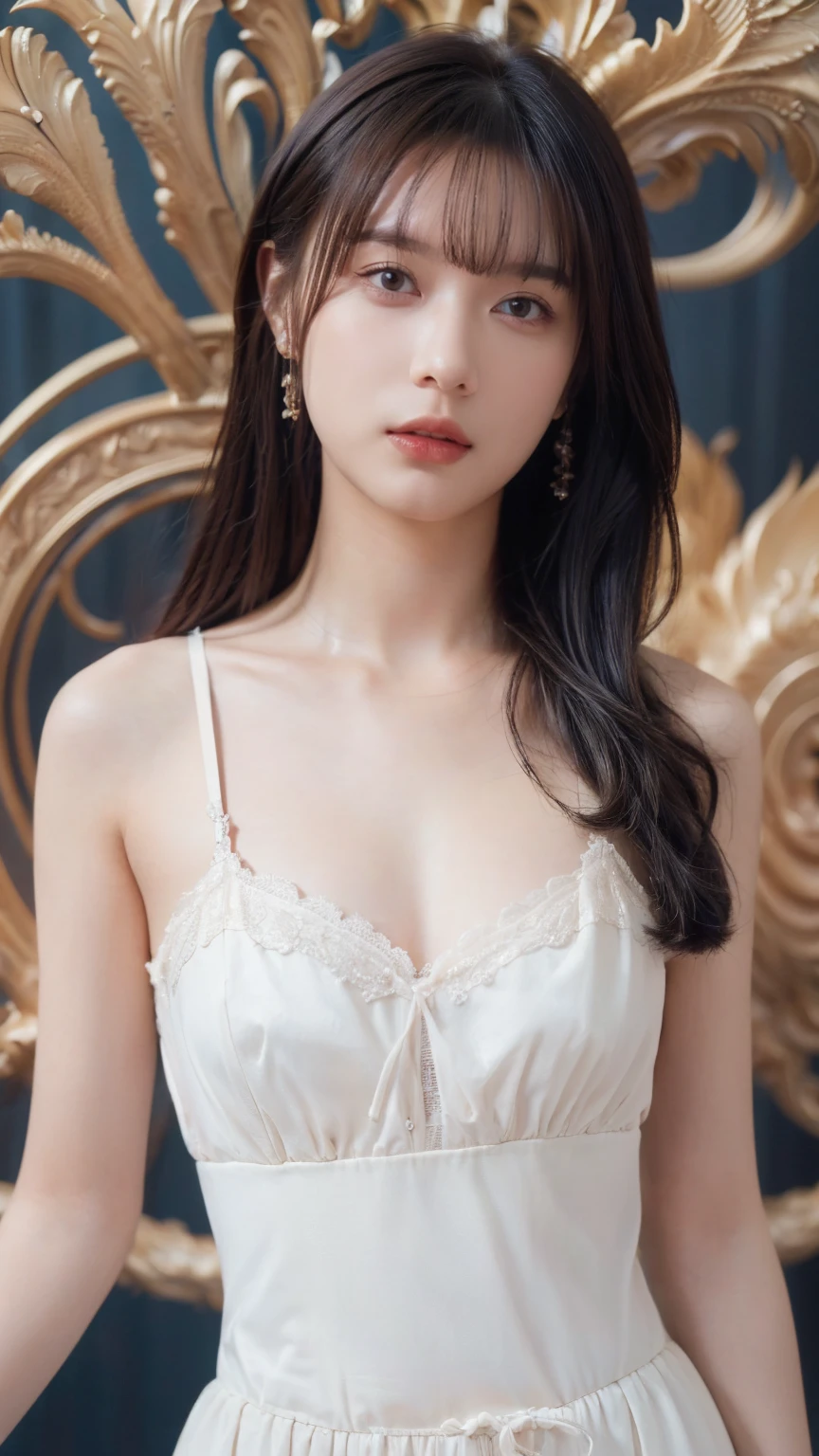 (((best quality))),(((ultra detailed))),(((masterpiece))),illustration,((1 beautiful girl,solo)),((slim,thin)),((small breasts,flat chest)),(shoulder length straight hair:1.2),summer afternoon,((unfinished concrete room,alluring,gray walls)),(short sleeves:1.2),(black lace dress:1.3),(seductive,elegant,full bosom,fair skin,golden strands,delicate features,deep brown eyes,mischief,mystery,enchanting smile,vibrant red lips,serene beauty,self-assuredness,industrial ambiance,raw cement walls,exposed pipes,sexuality,allure,refined beauty,compelling visual narrative,seductive gaze,elegant posture,industrial backdrop,lasting impression,((standing,from front,close-up of face))