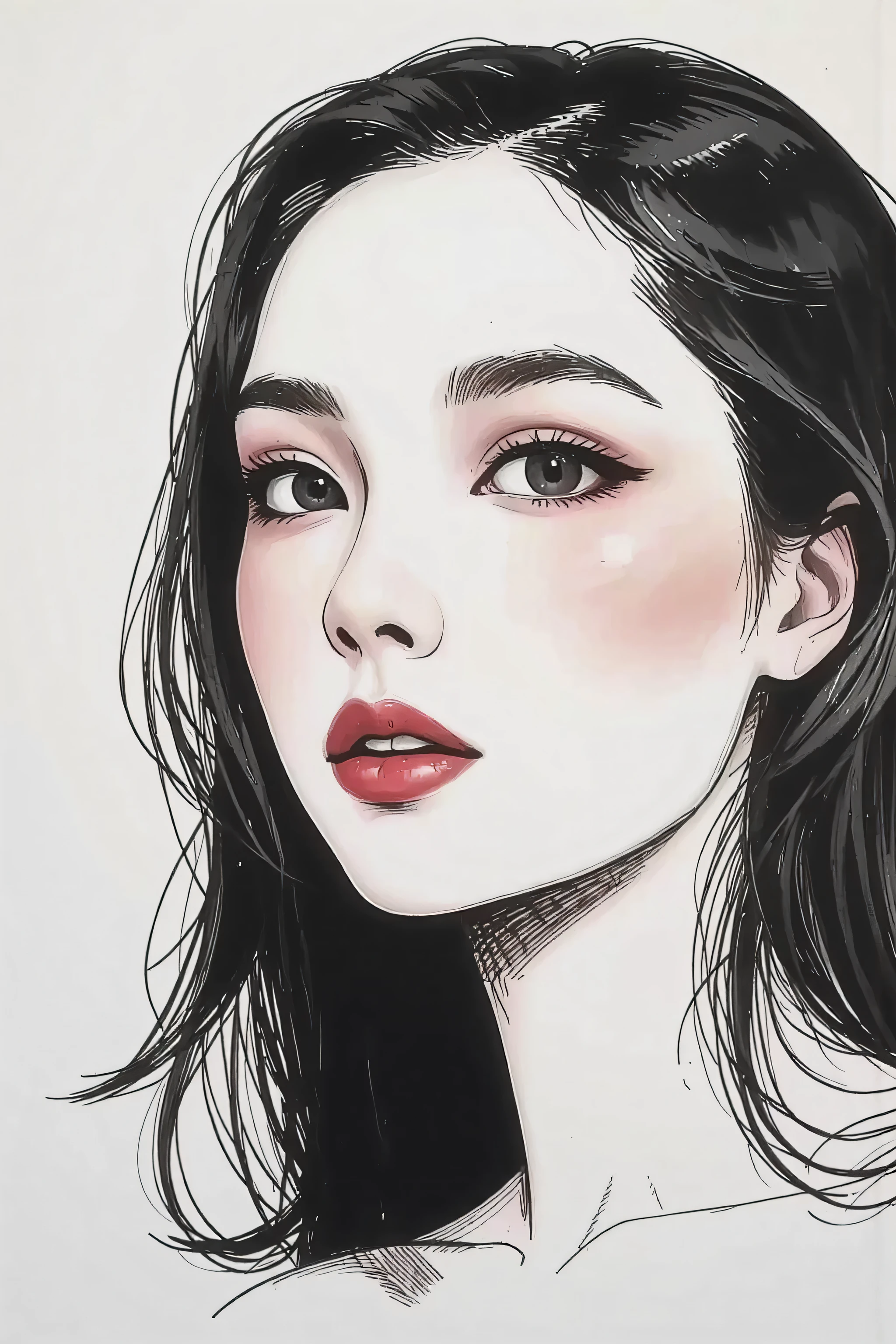 master piece:1.5、(minimal art, line drawing), woman、Black and white art:1.2、lips are red、Black and white world、silence、An ennui look、Densely drawn