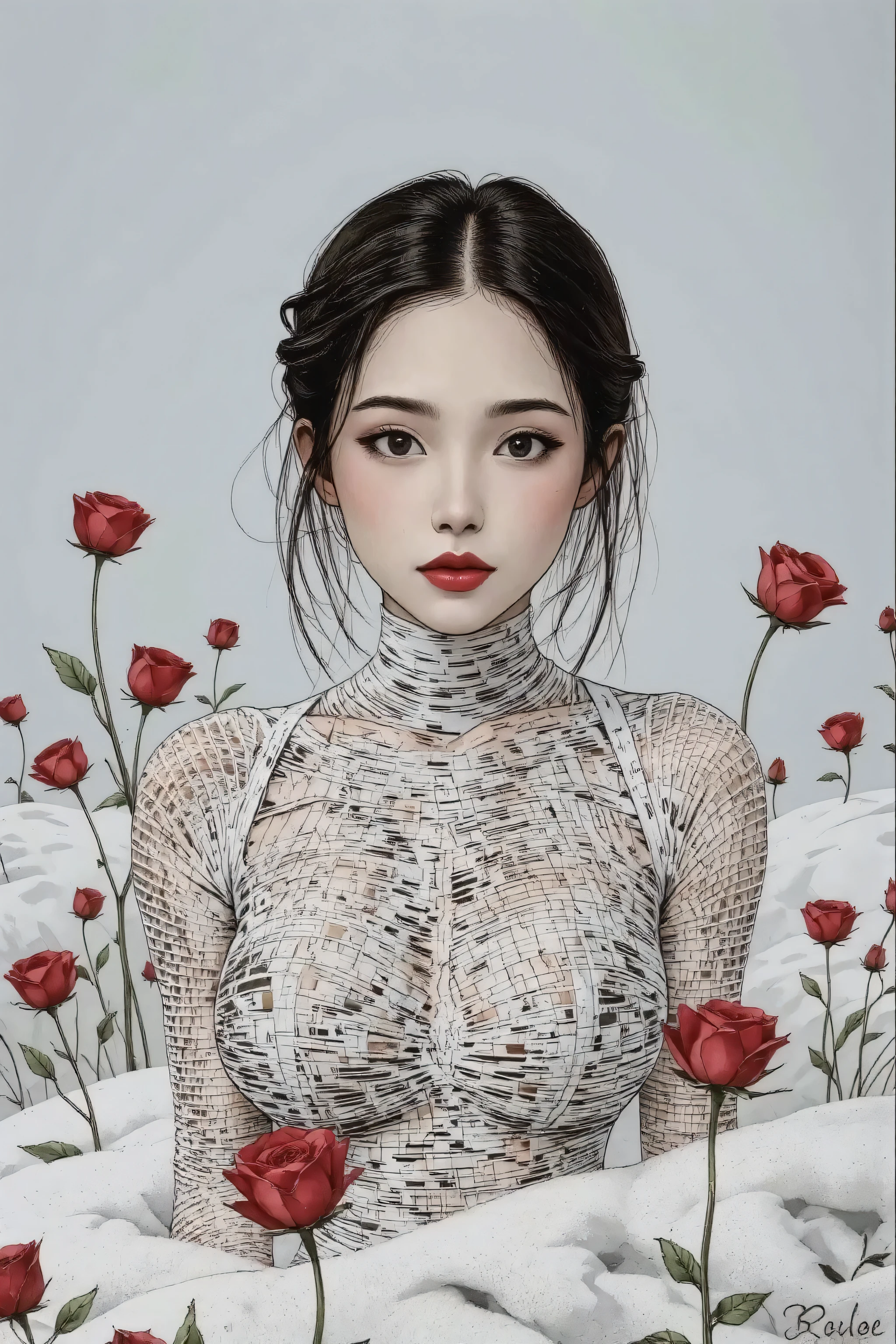 master piece:1.5、(minimal art, line drawing), woman、Black and white art:1.2、lips are red、Black and white world、silence、An ennui look、Densely drawn