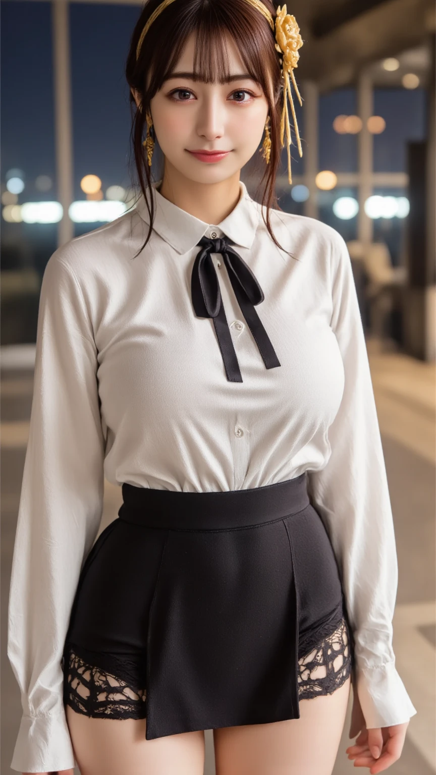 master piece , best quality , detailed , blouse , skirt , sitting , (from front) , bed room , indoor