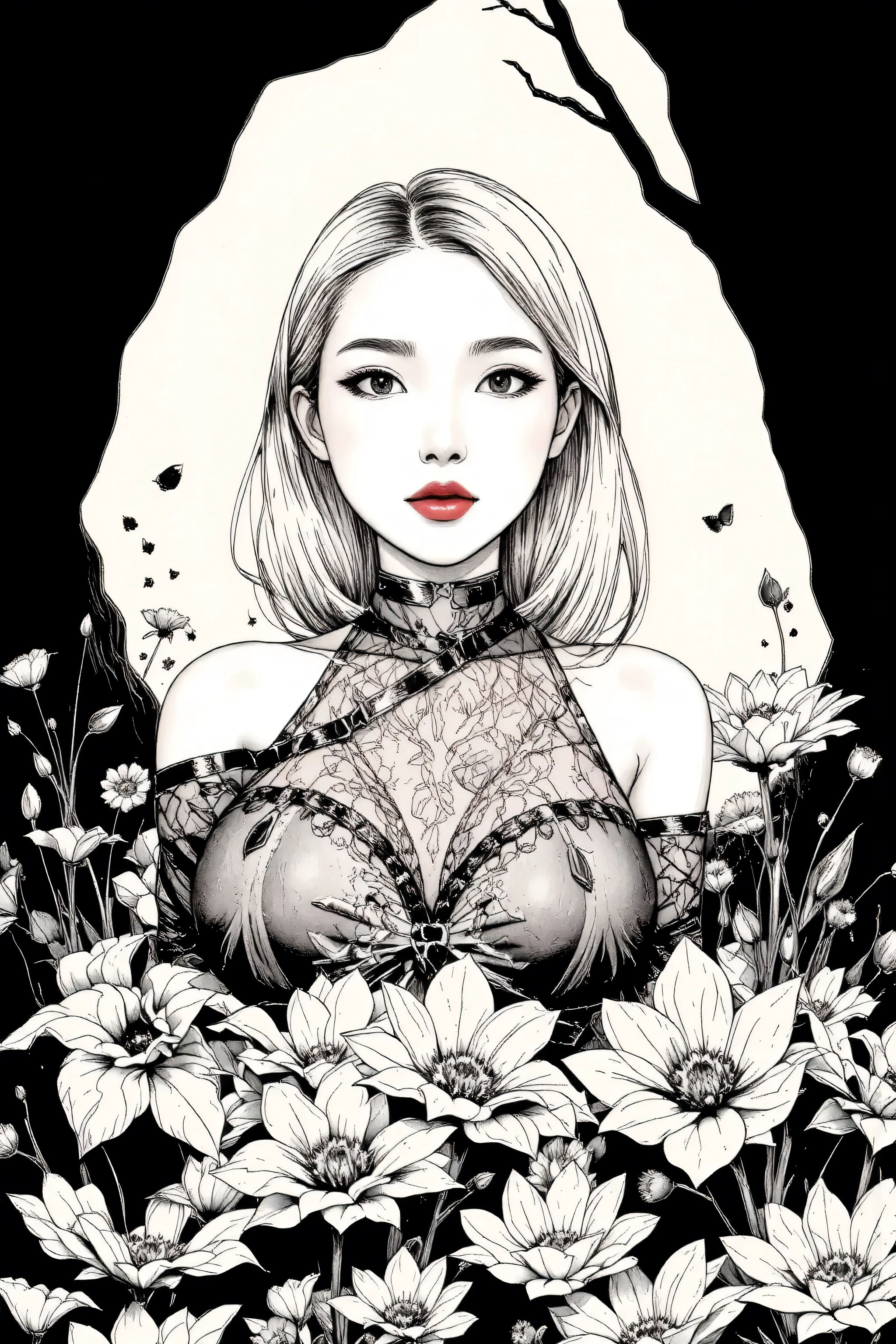 master piece:1.5、(minimal art, line drawing), woman、Black and white art:1.2、lips are red、Black and white world、silence、An ennui look、Densely drawn
