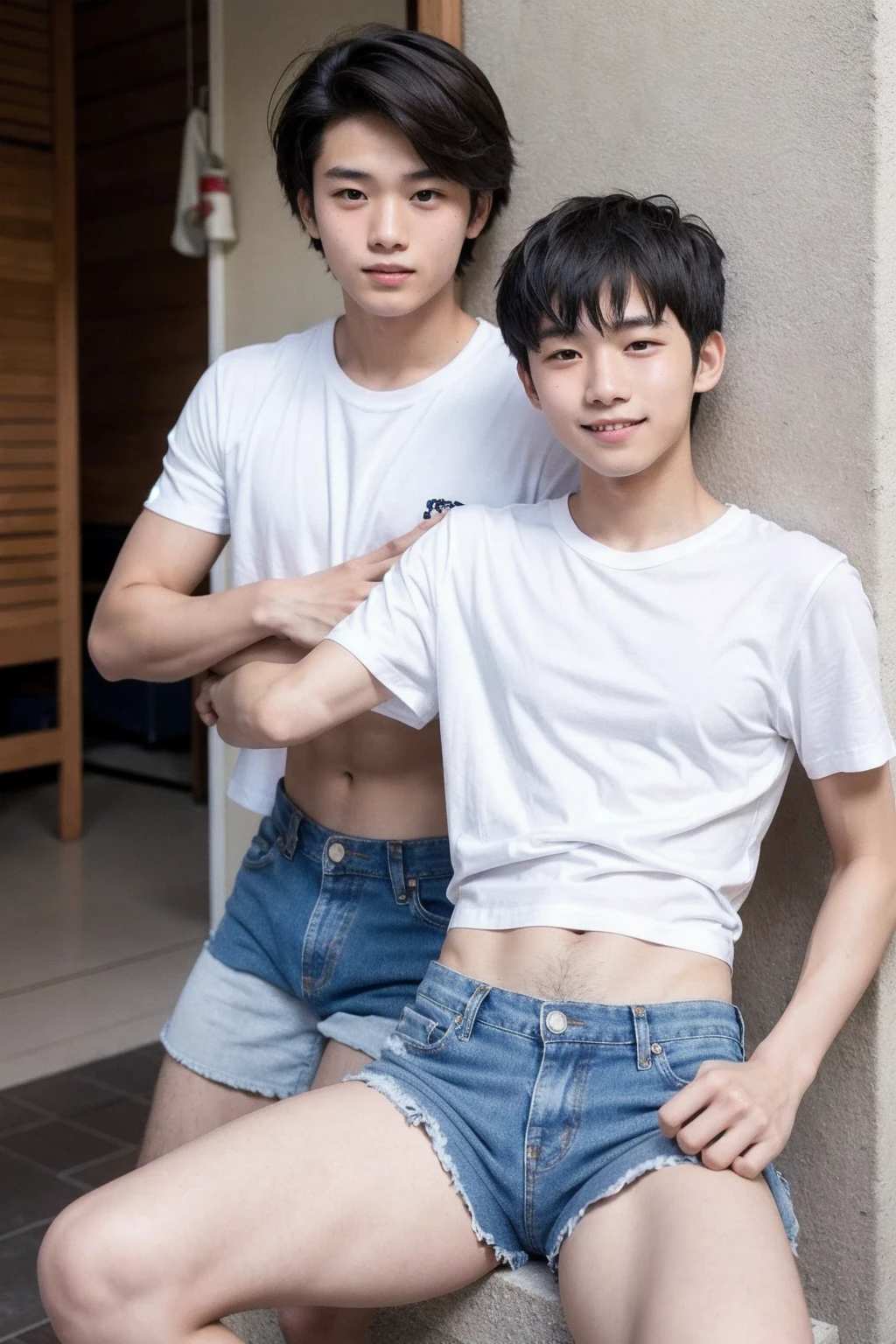 Two Japanese boys、Both are 14 years old、Well-developed muscles and smooth skin、very short black hair、Relaxed and cheerful smile、Boxer briefs、Guts pose、The whole body is visible、Laughing with mouth open、