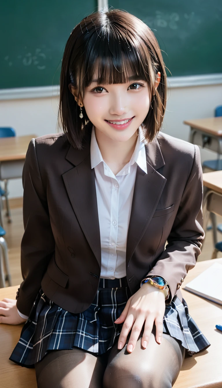 ((8K, RAW Photos, Highest quality, masterpiece), High-resolution RAW color photos、Professional close-up photography, (Realistic, Photorealism: 1.37), (Highest quality), (Best Shadow), (Best illustrations), clavicle ((big)), ((erotic, sexy, Ultra-high resolution, High quality CG integrated 8K wallpaper, Physically Based Rendering, Cinema Lighting), (aegyo sal:1), 18-year-old girl, (Grey blazer, ribbon, socks, High School Uniform,white mesh panty: 1.2), High school classroom, Beautiful details in the eyes, Light on the face, (Full Body Shot), Particularly strong light, (Upward glance, Grinning smile:1.2),Shiny skin, (((Black Hair, Bob Hair:1.2))), shy, (flash:1.2), Browsing Caution , (Puffy pussy), ((Seductive posture: 1.2, Charm: 1.2)), (Idol), (Sitting with legs spread on a desk in the classroom,skirt lift: 1.2)), ((Excellent anatomy: 1.2)), ((Bright and refreshing classrooms, The background is blurred: 1.2)), Perfect Face, Cute face, (High angle shot:1.2)