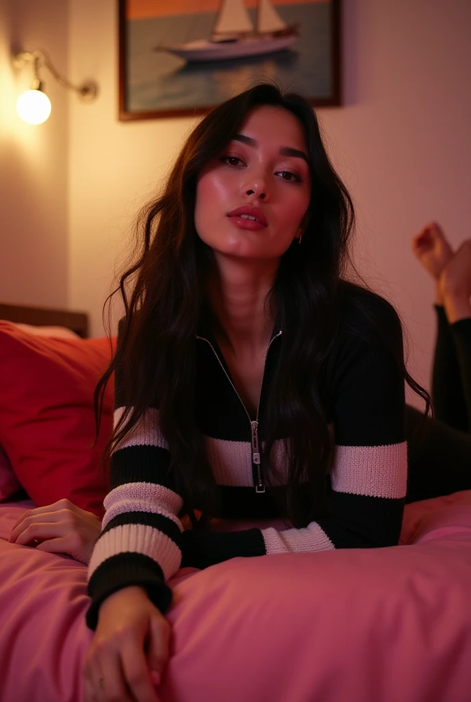 Madison Beer laying on a Pink bed With a sweatshirt on purple eyeshadow pink lipstick golden hoop earrings white nail polish long black hair