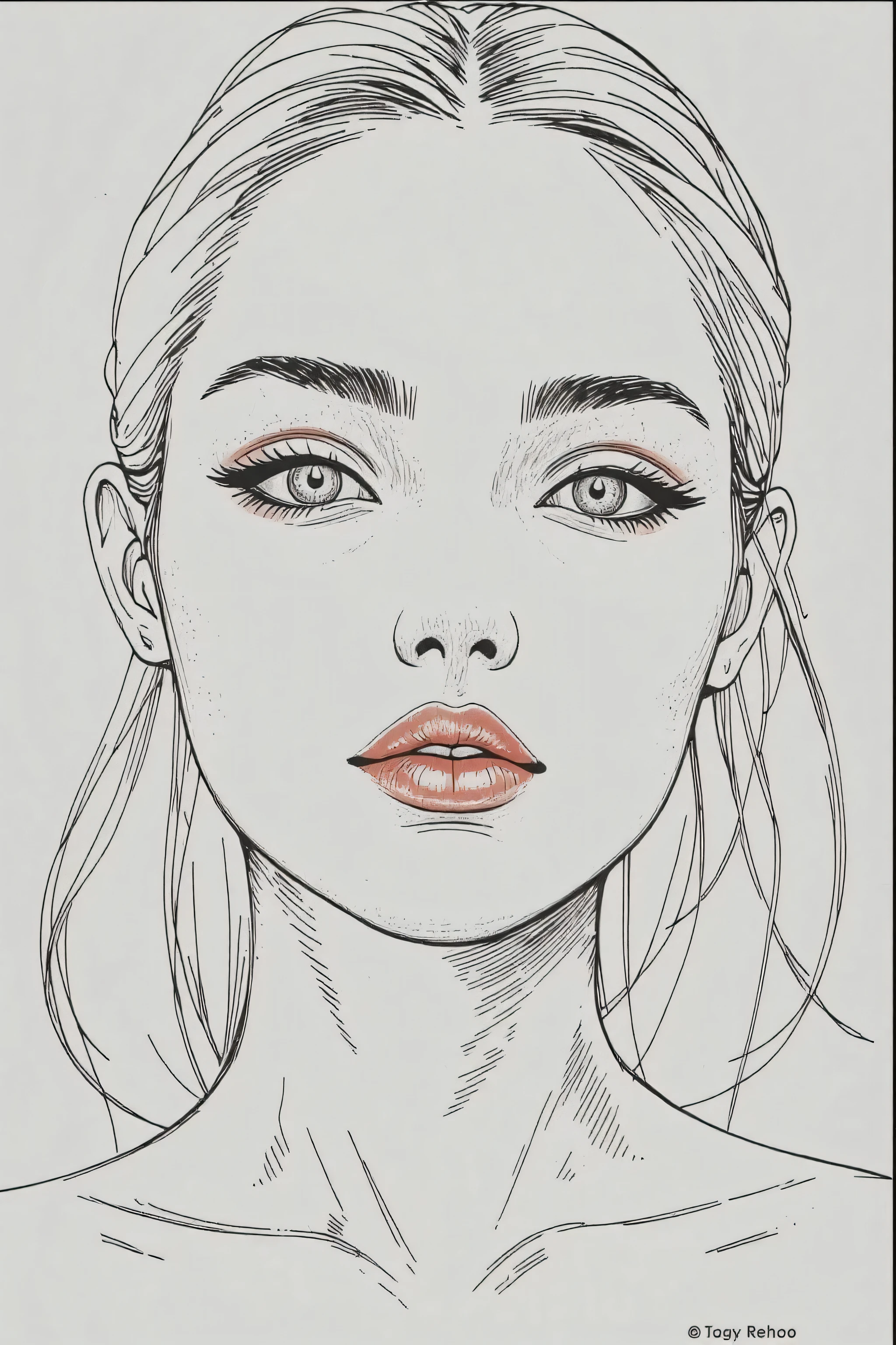 master piece:1.5、(minimal art, line drawing), woman、Black and white art:1.2、lips are red、Black and white world、silence、An ennui look、Densely drawn