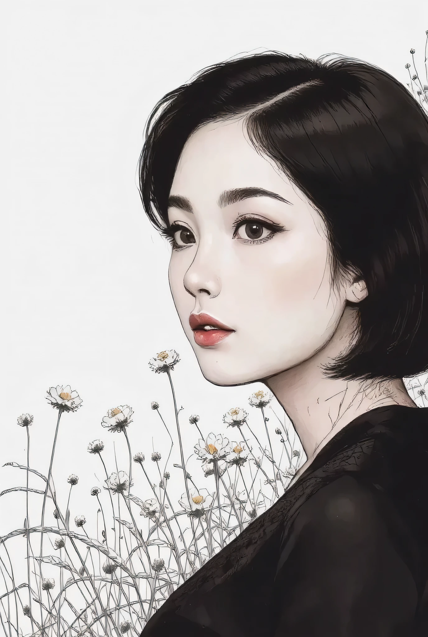 master piece:1.5、(minimal art, line drawing), woman、Black and white art:1.2、lips are red、Black and white world、silence、An ennui look、Densely drawn