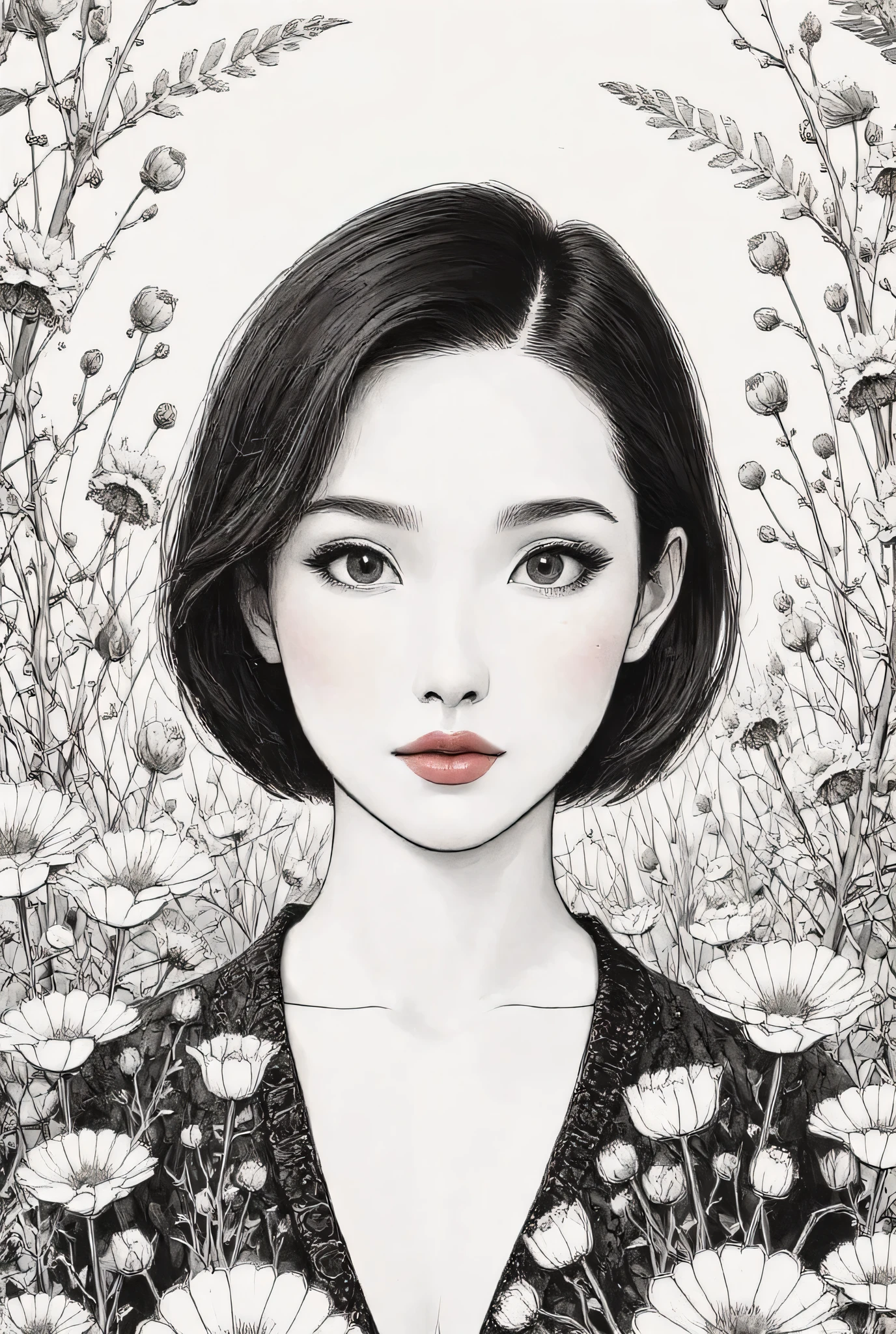master piece:1.5、(minimal art, line drawing), woman、Black and white art:1.2、lips are red、Black and white world、silence、An ennui look、Densely drawn