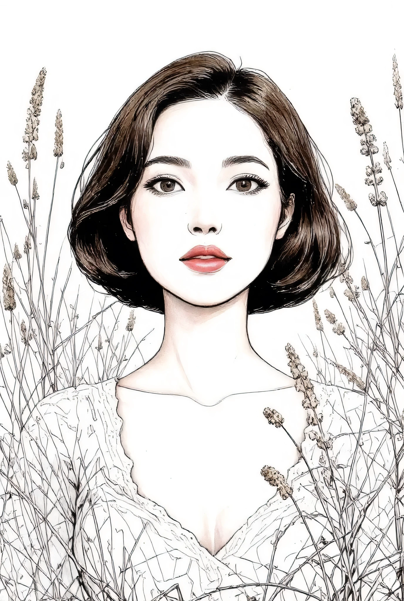 master piece:1.5、(minimal art, line drawing), woman、Black and white art:1.2、lips are red、Black and white world、silence、An ennui look、Densely drawn