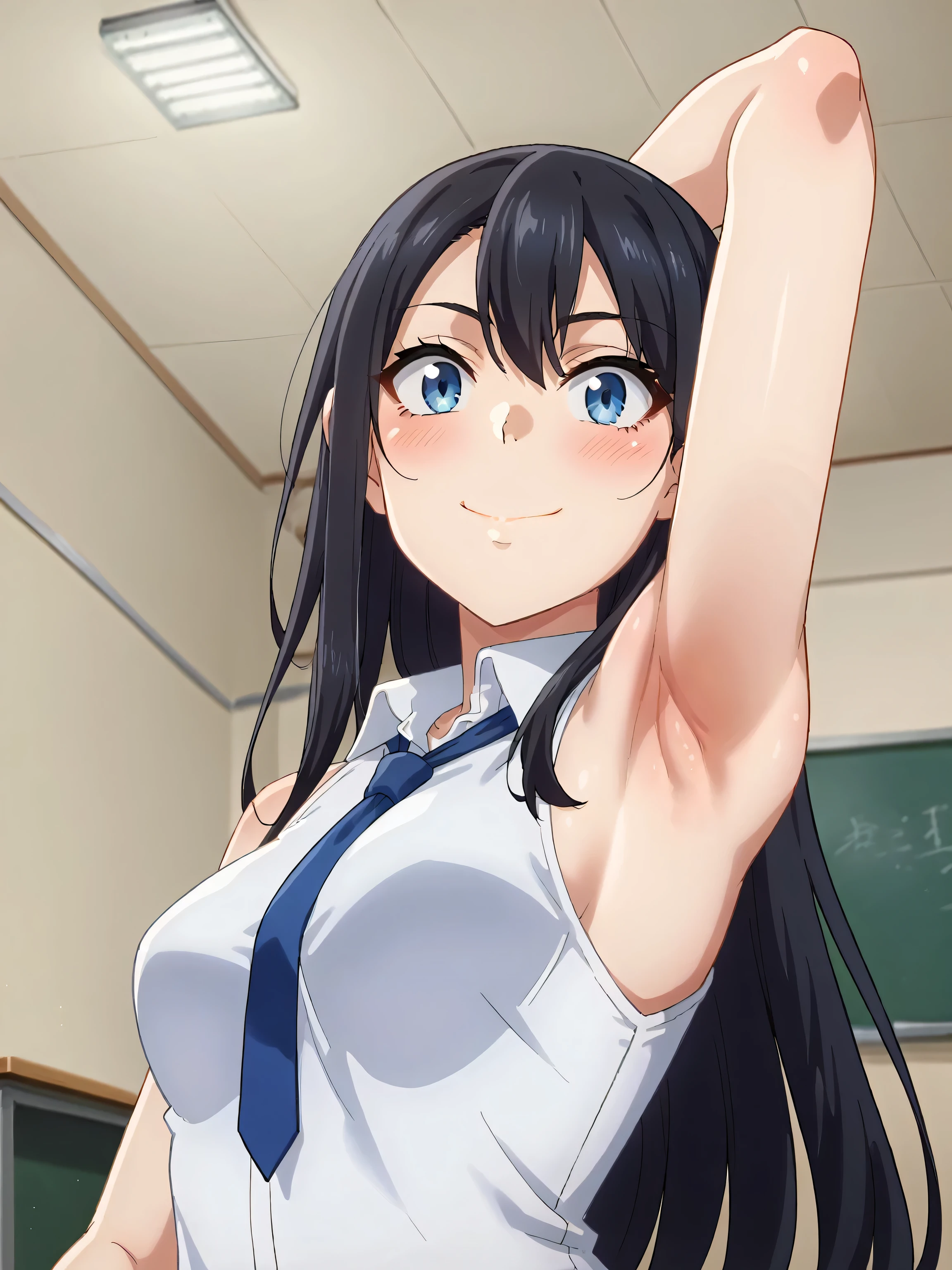 score_9, score_8_up, score_7_up, source_anime, anime screencap, 1girl, solo, defSaki, blue eyes, black hair, long hair, blue necktie, white shirt, sleeveless shirt, collared shirt, sleeveless, bare shoulders, bare arms, arm behind head, armpit, head towards viewer, smile, closed mouth, badhandv4, medium breasts, indoors, school, classroom, from side, from below, blush