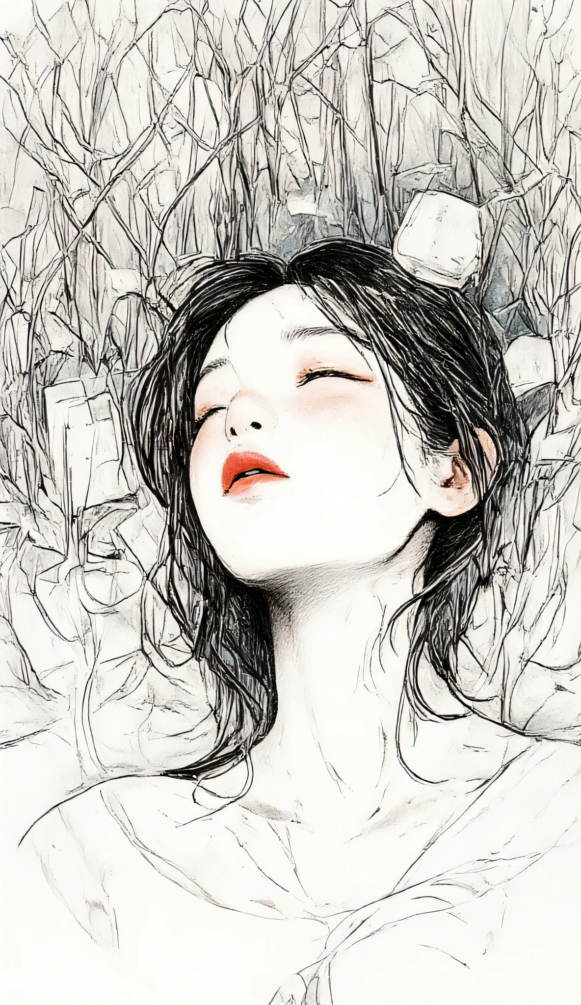 master piece:1.5、(minimal art, line drawing), woman、Black and white art:1.2、lips are red、Black and white world、silence、An ennui look、Densely drawn
