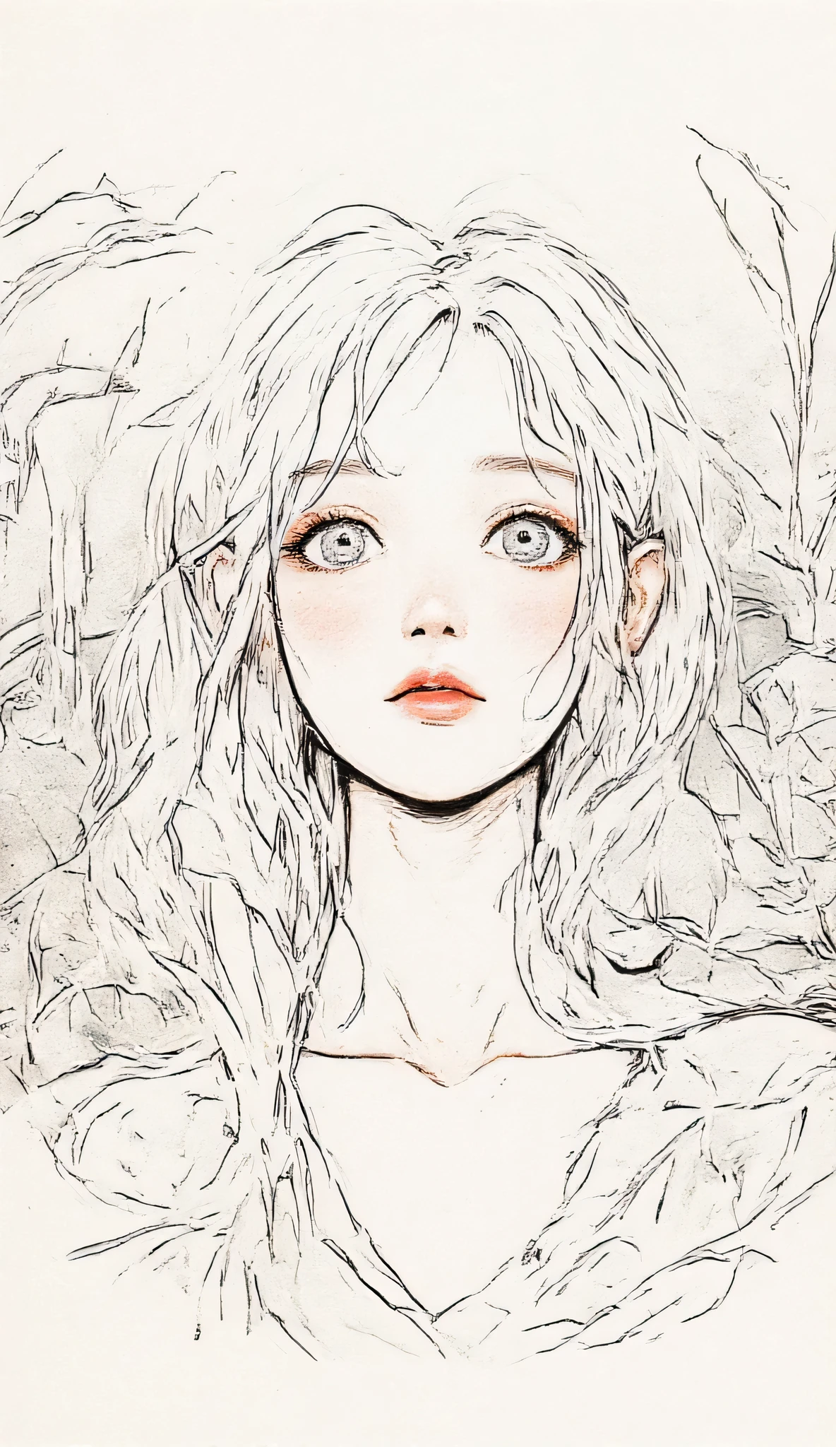 master piece:1.5、(minimal art, line drawing), woman、Black and white art:1.2、lips are red、Black and white world、silence、An ennui look、Densely drawn