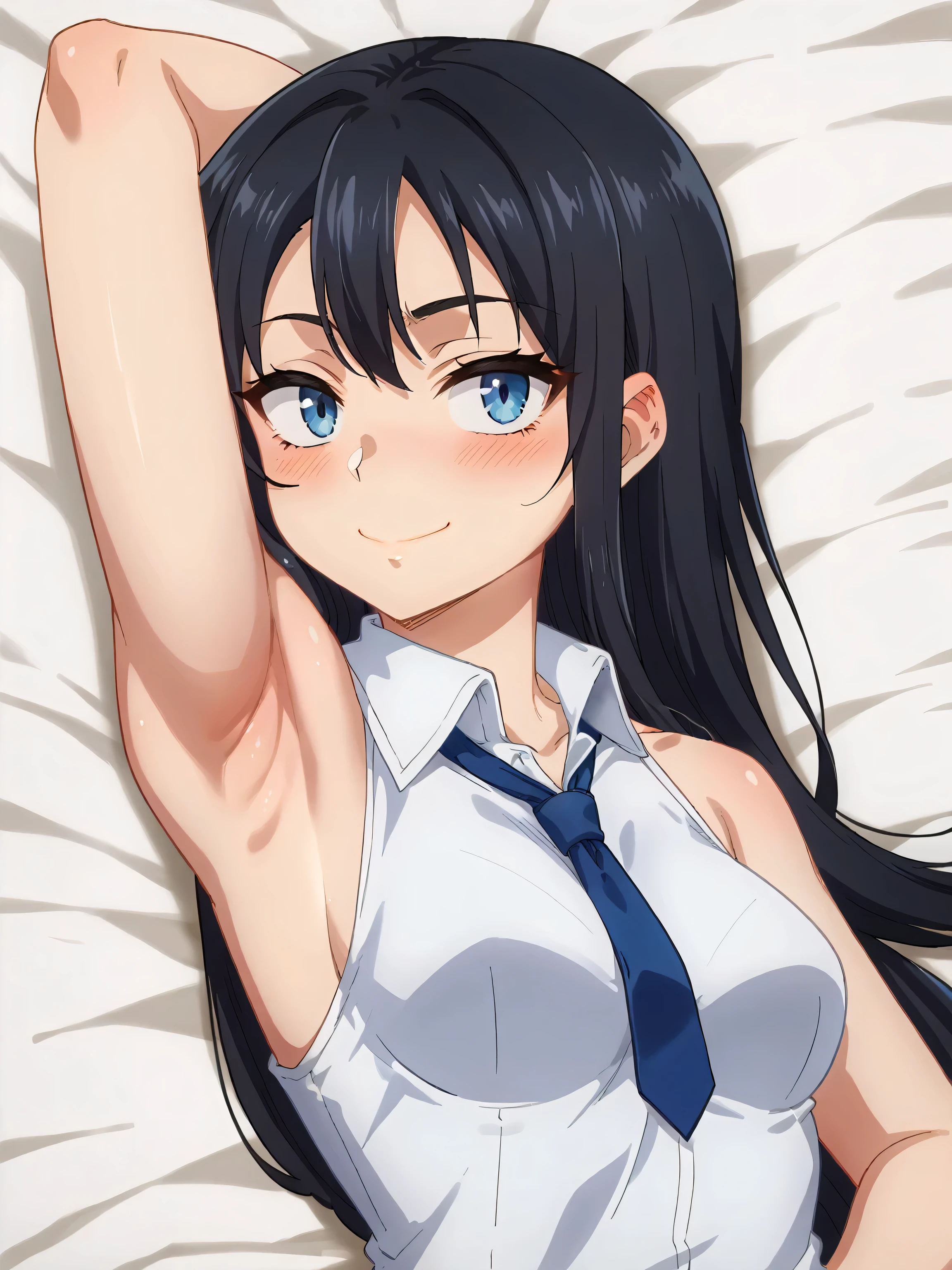 score_9, score_8_up, score_7_up, source_anime, anime screencap, 1girl, solo, defSaki, blue eyes, black hair, long hair, blue necktie, white shirt, sleeveless shirt, collared shirt, sleeveless, bare shoulders, bare arms, arm behind head, armpit, head towards viewer, smile, closed mouth, badhandv4, medium breasts, lying in bed, from side, half-closed eyes, blush