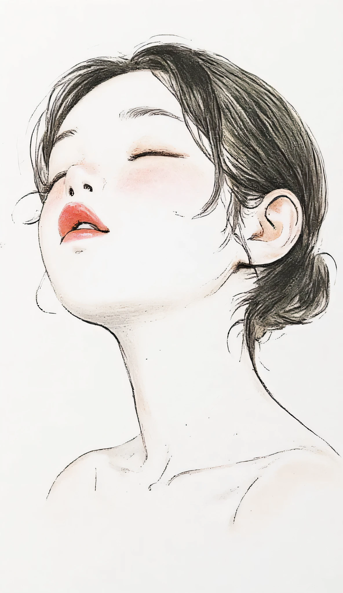 master piece:1.5、(minimal art, line drawing), woman、Black and white art:1.2、lips are red、Black and white world、silence、An ennui look、Densely drawn