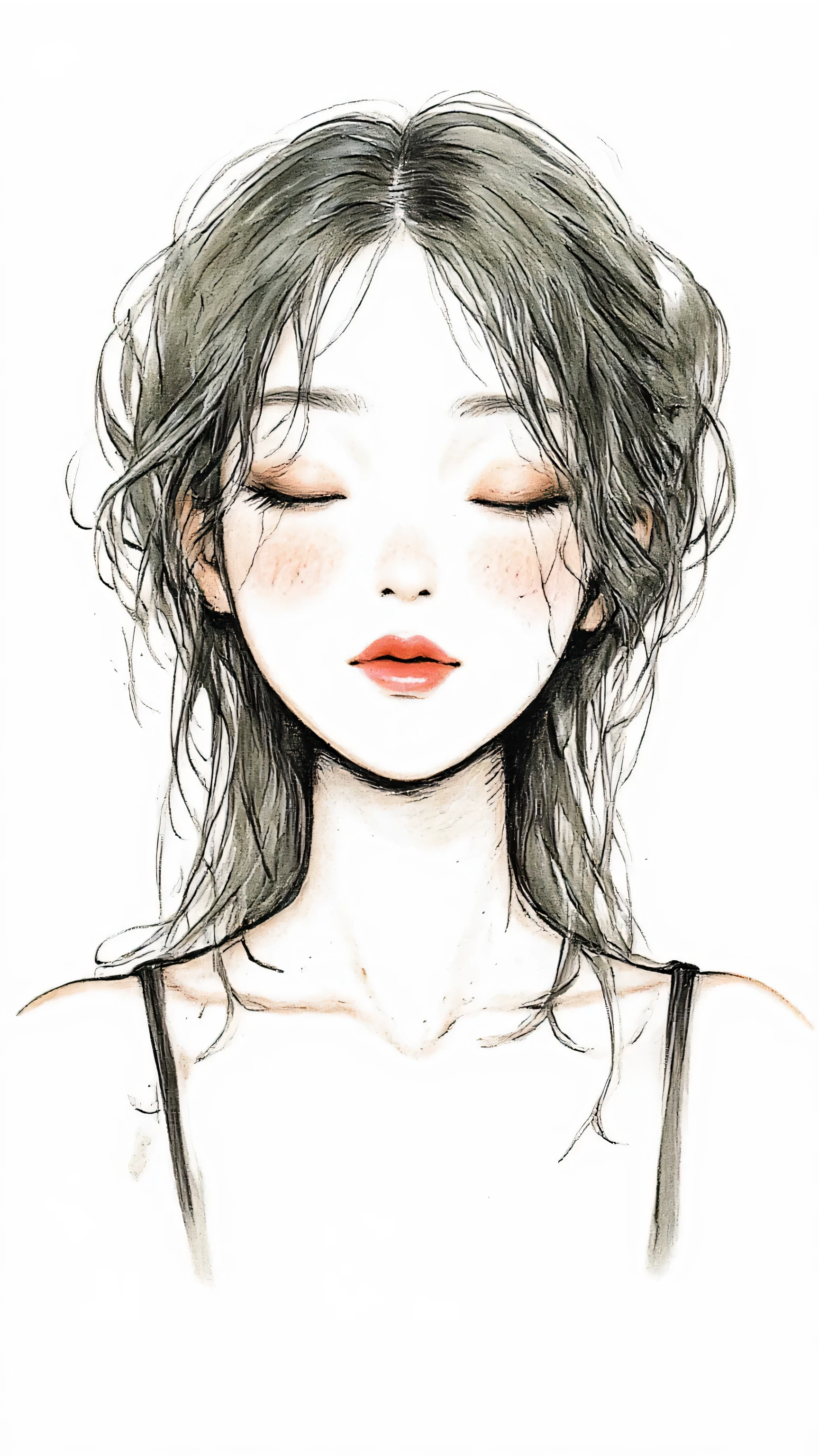 master piece:1.5、(minimal art, line drawing), woman、Black and white art:1.2、lips are red、Black and white world、silence、An ennui look、Densely drawn