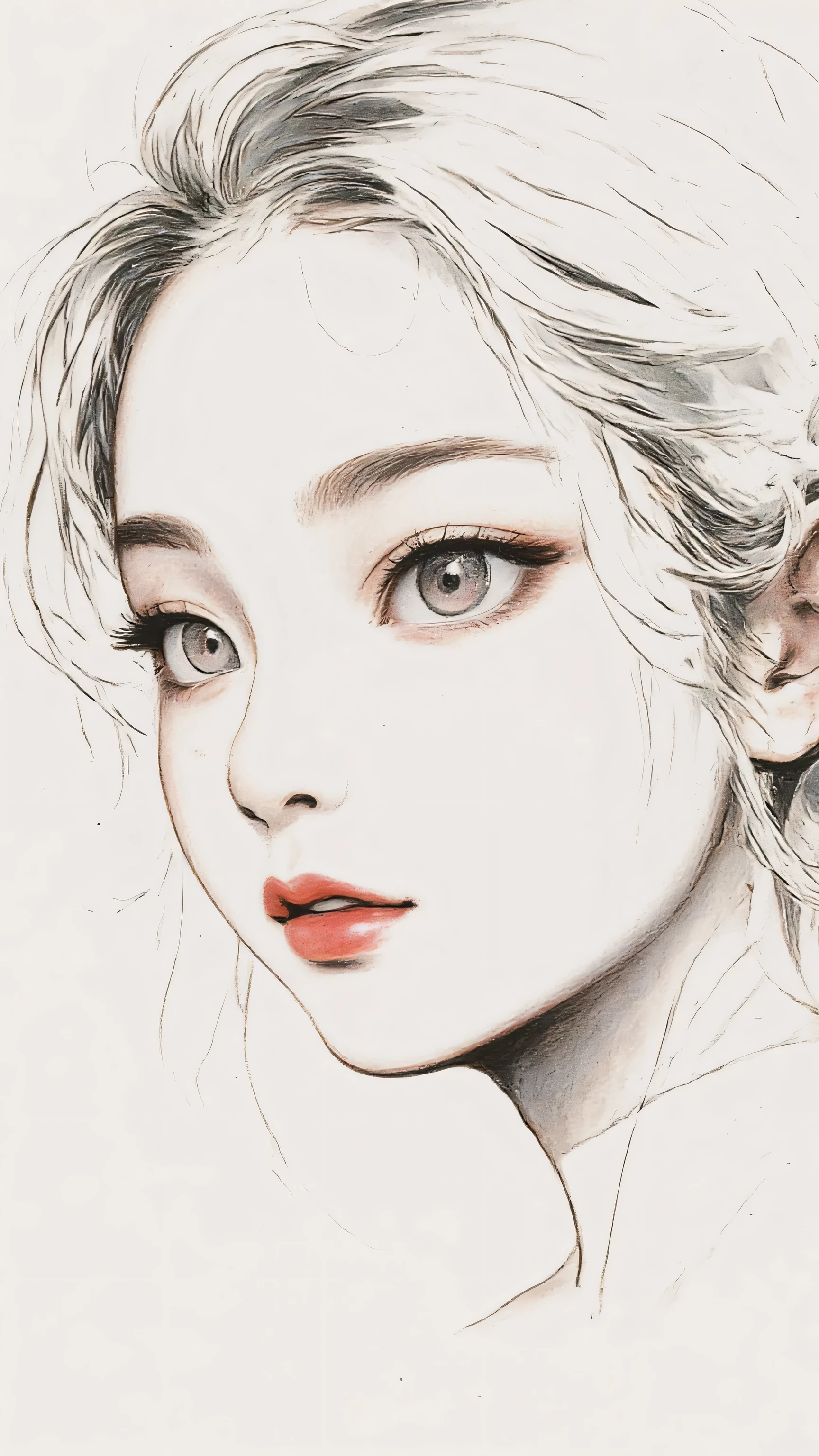 master piece:1.5、(minimal art, line drawing), woman、Black and white art:1.2、lips are red、Black and white world、silence、An ennui look、Densely drawn
