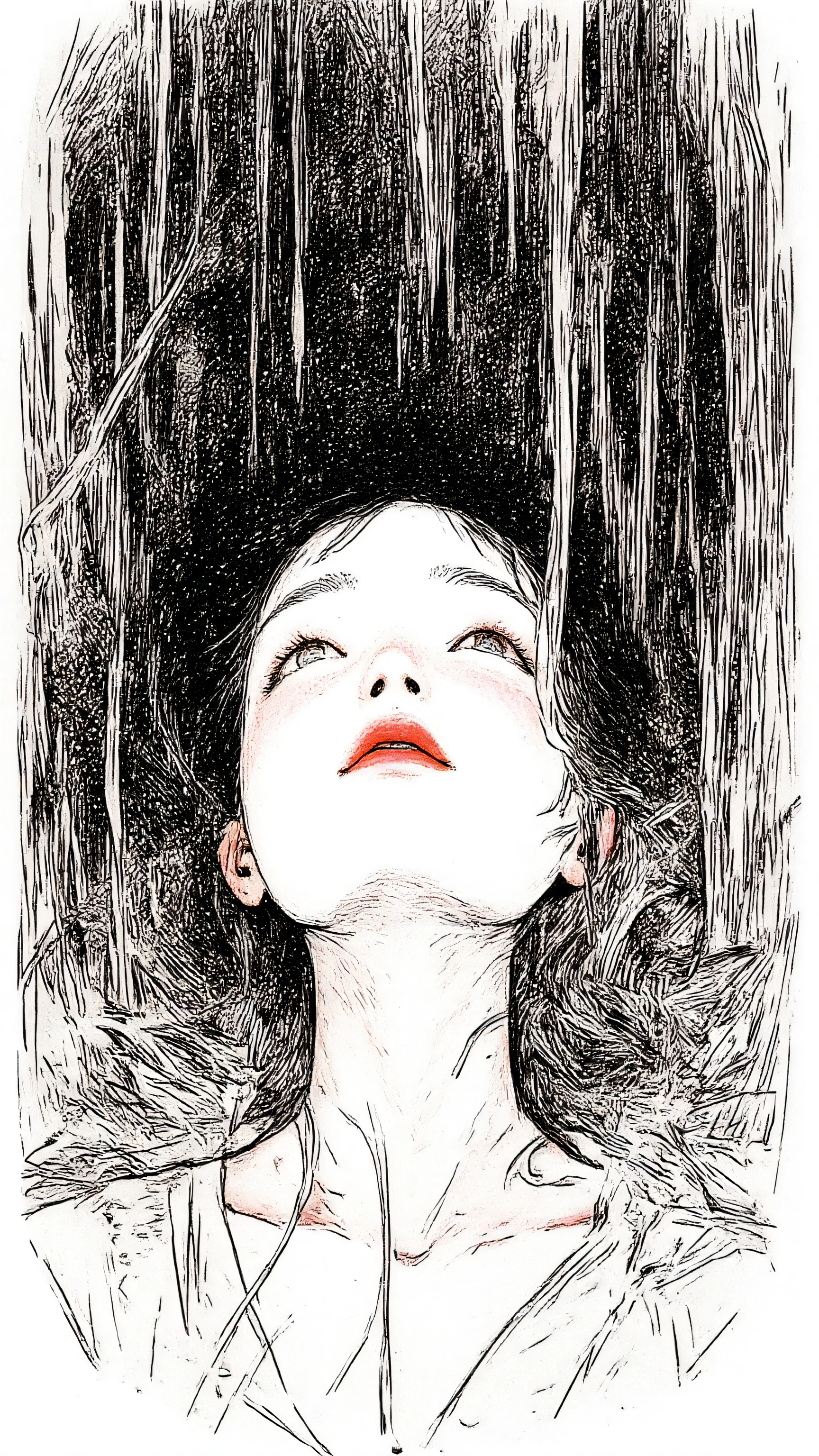 master piece:1.5、(minimal art, line drawing), woman、Black and white art:1.2、lips are red、Black and white world、silence、An ennui look、Densely drawn